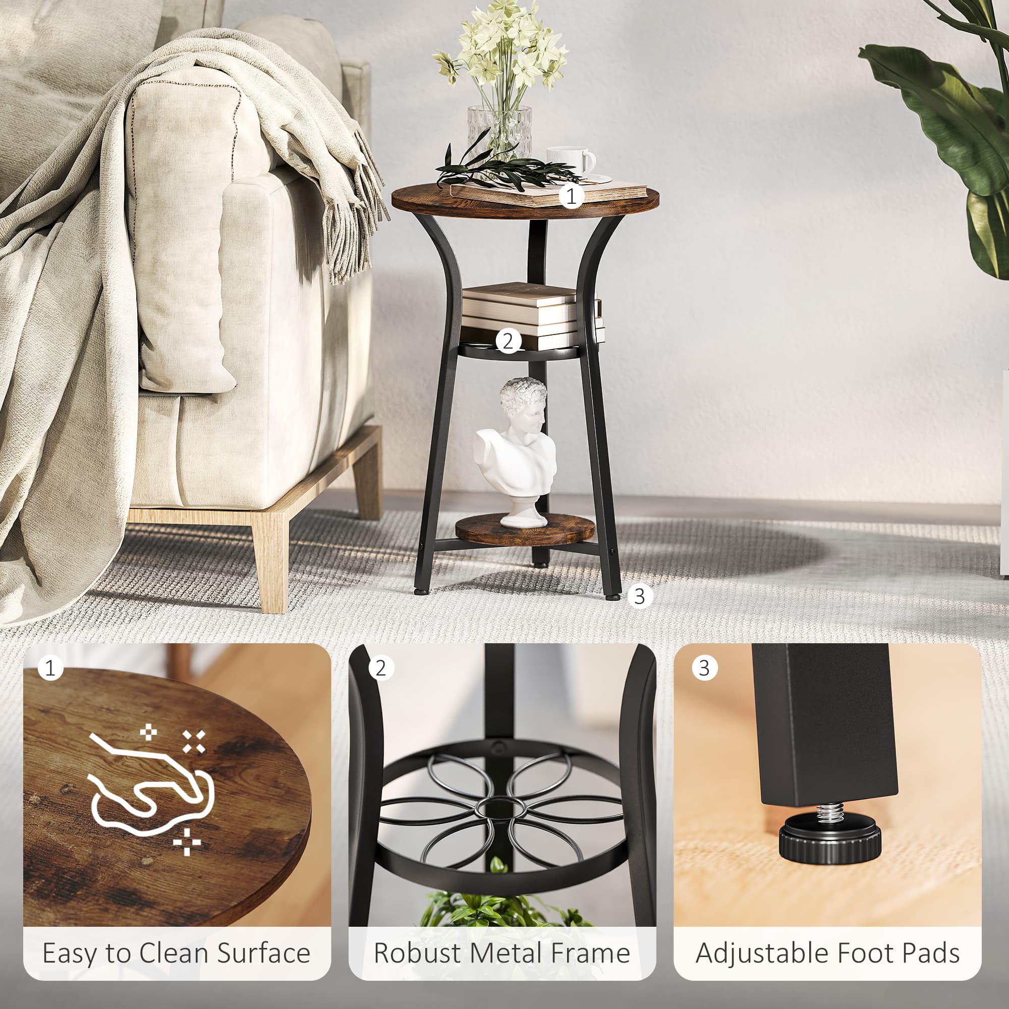 Rustic Brown Round Side Table with 3 Tiers - image 2