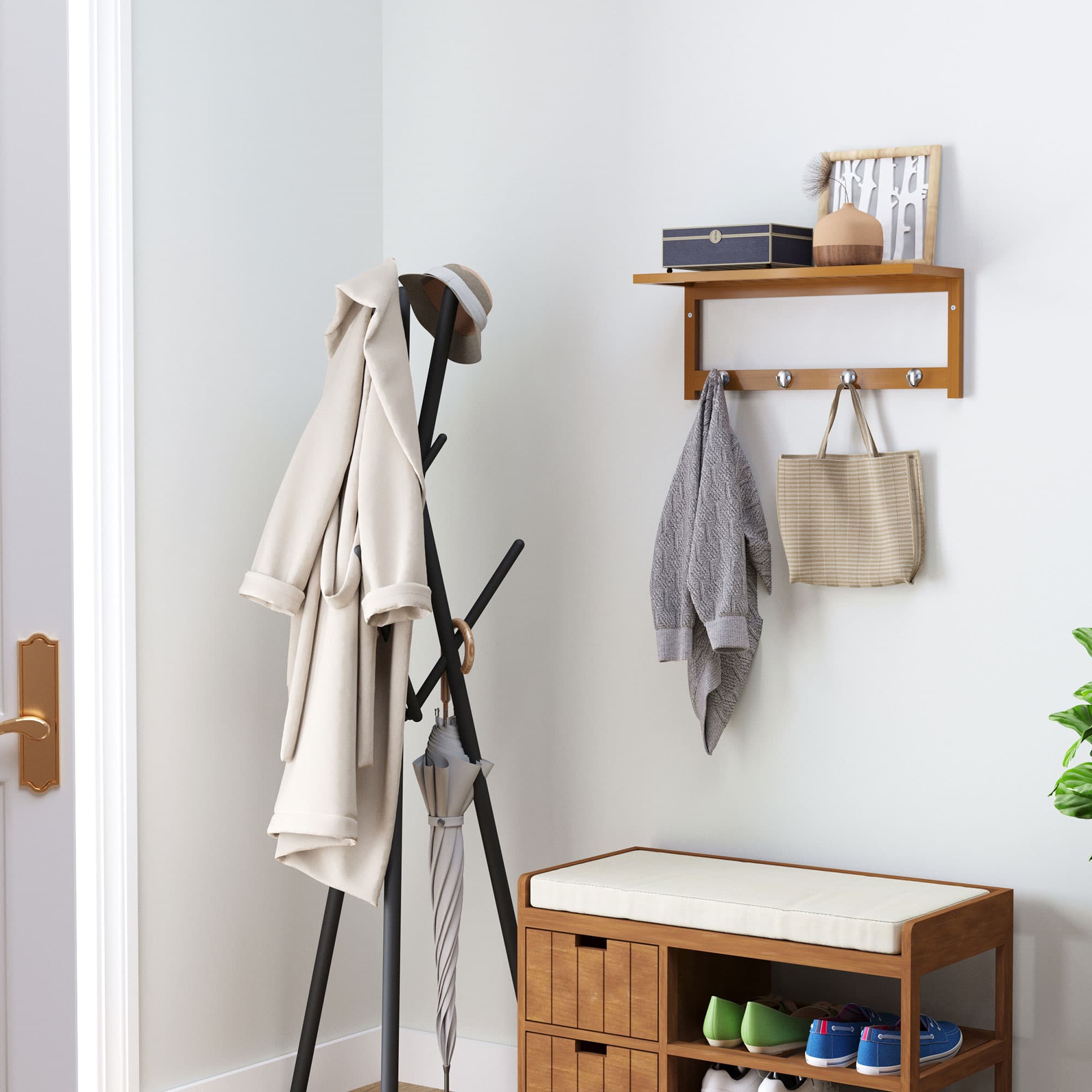 Bamboo Coat Rack with Shelf — 4 Wall-Mounted Double Hooks - image 6