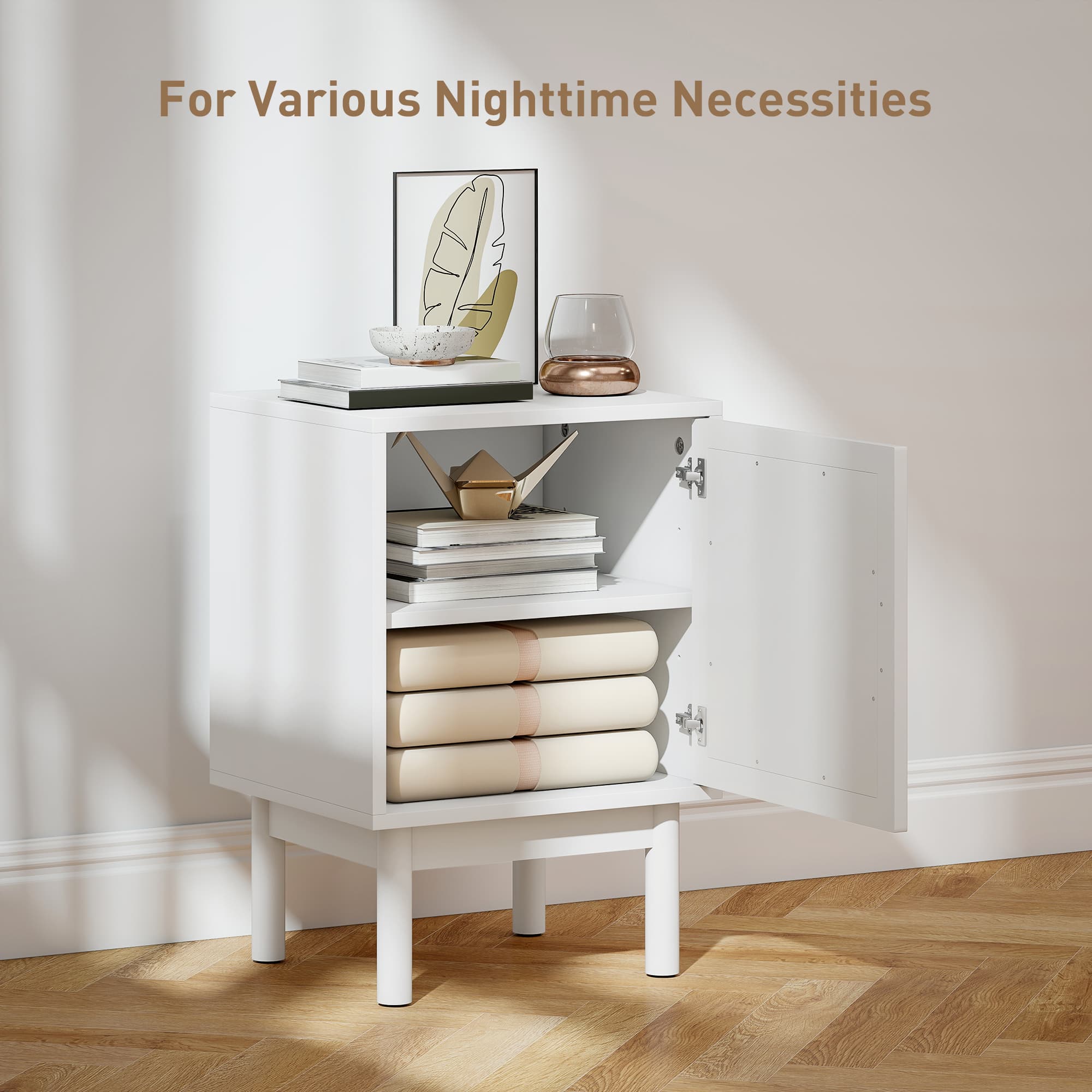 White Rattan Bedside Table with Arched Cabinet Door - image 10