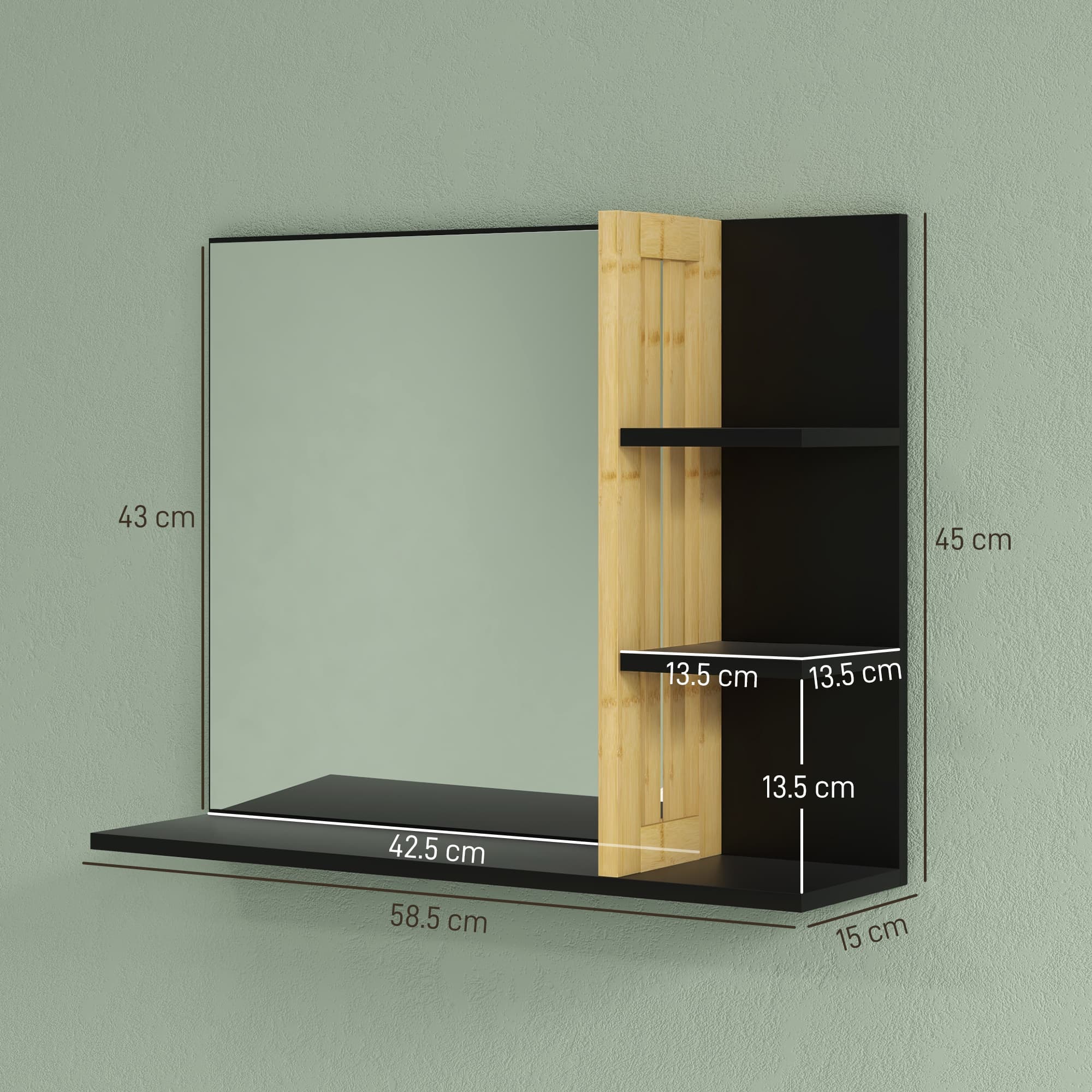 Black Bathroom Mirror with Space-Saving Bamboo Shelves - image 2