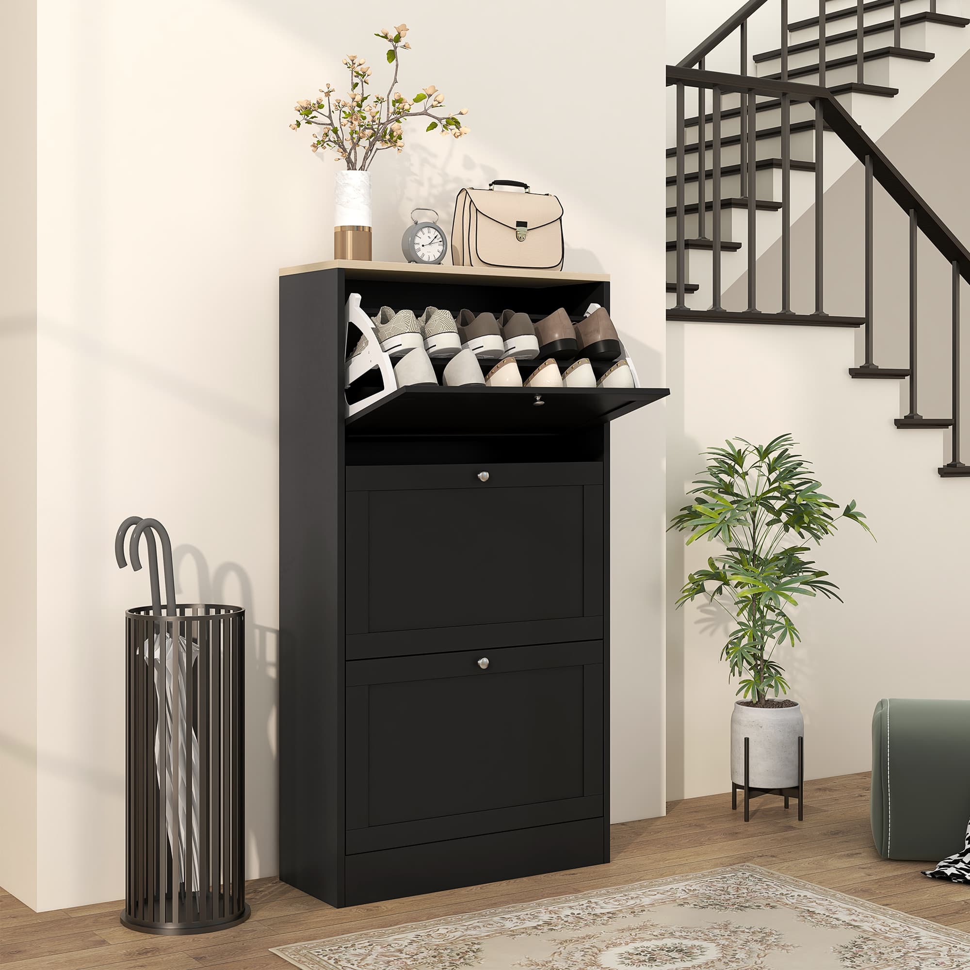 Slim Flip-Front Shoe Cabinet in Black, Holds 12–18 Pairs - image 1