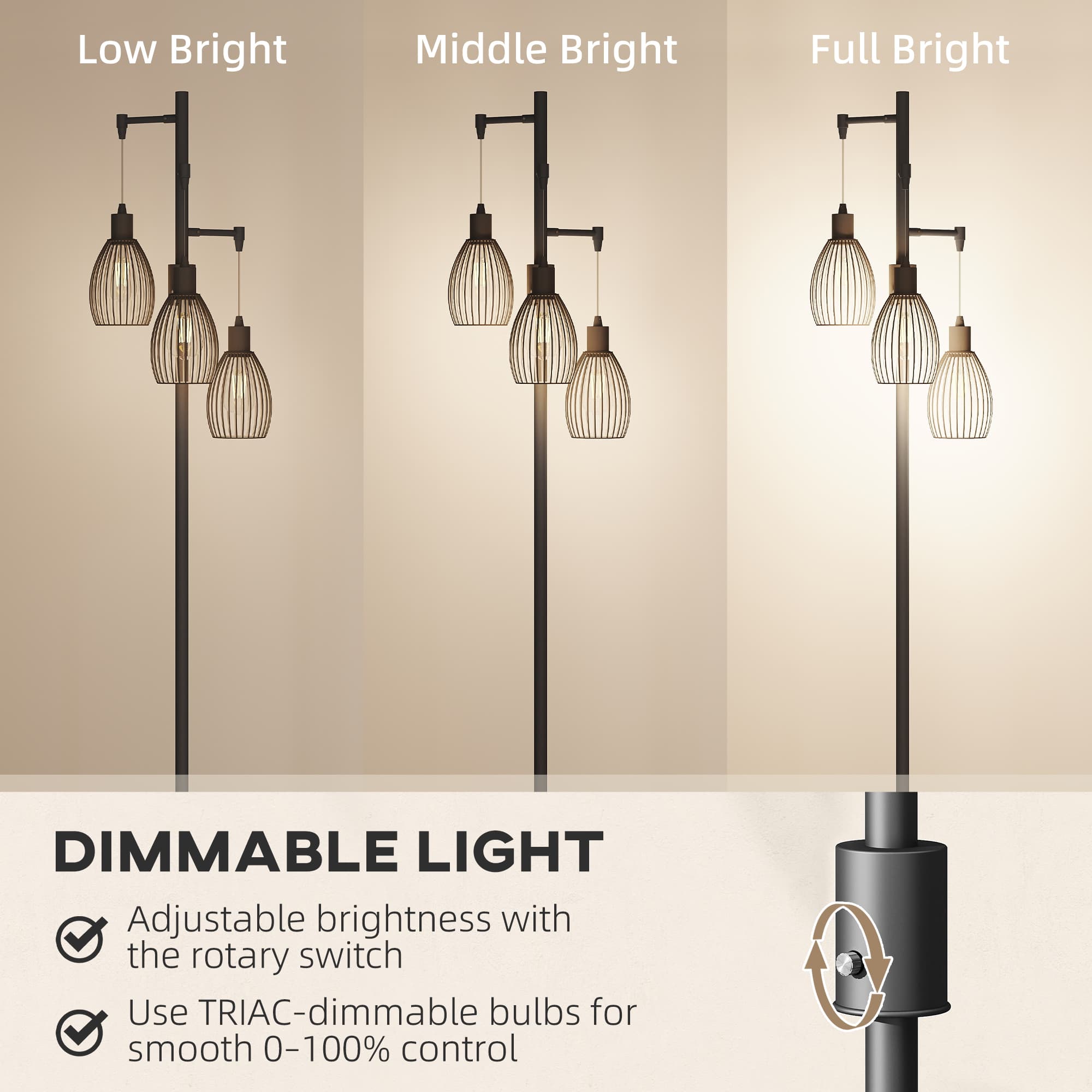 Black Industrial Floor Lamp With 3 Wire Cage Shades and Dimmer - image 1