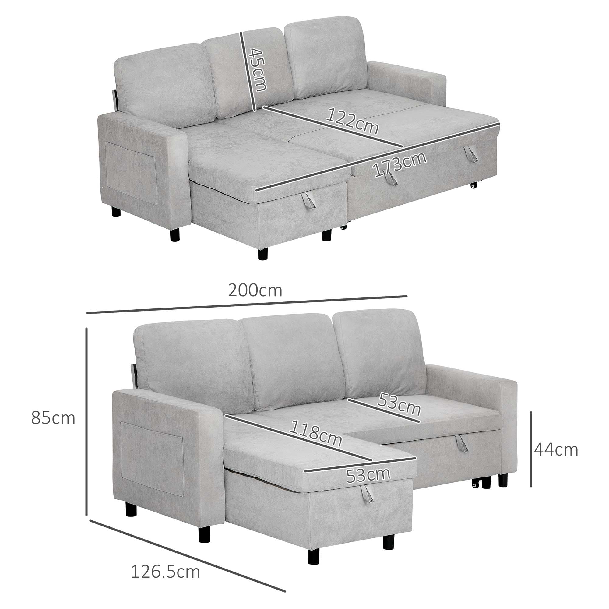 Light Grey Pull-Out Corner Sofa Bed with Chaise Storage - image 4