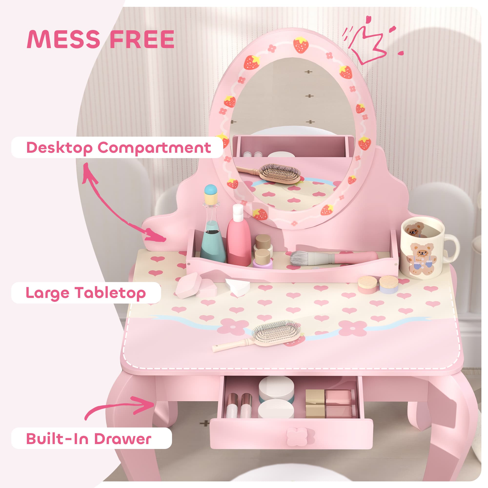 Pink Kids Vanity Set with Strawberry Mirror and Matching Stool - image 4