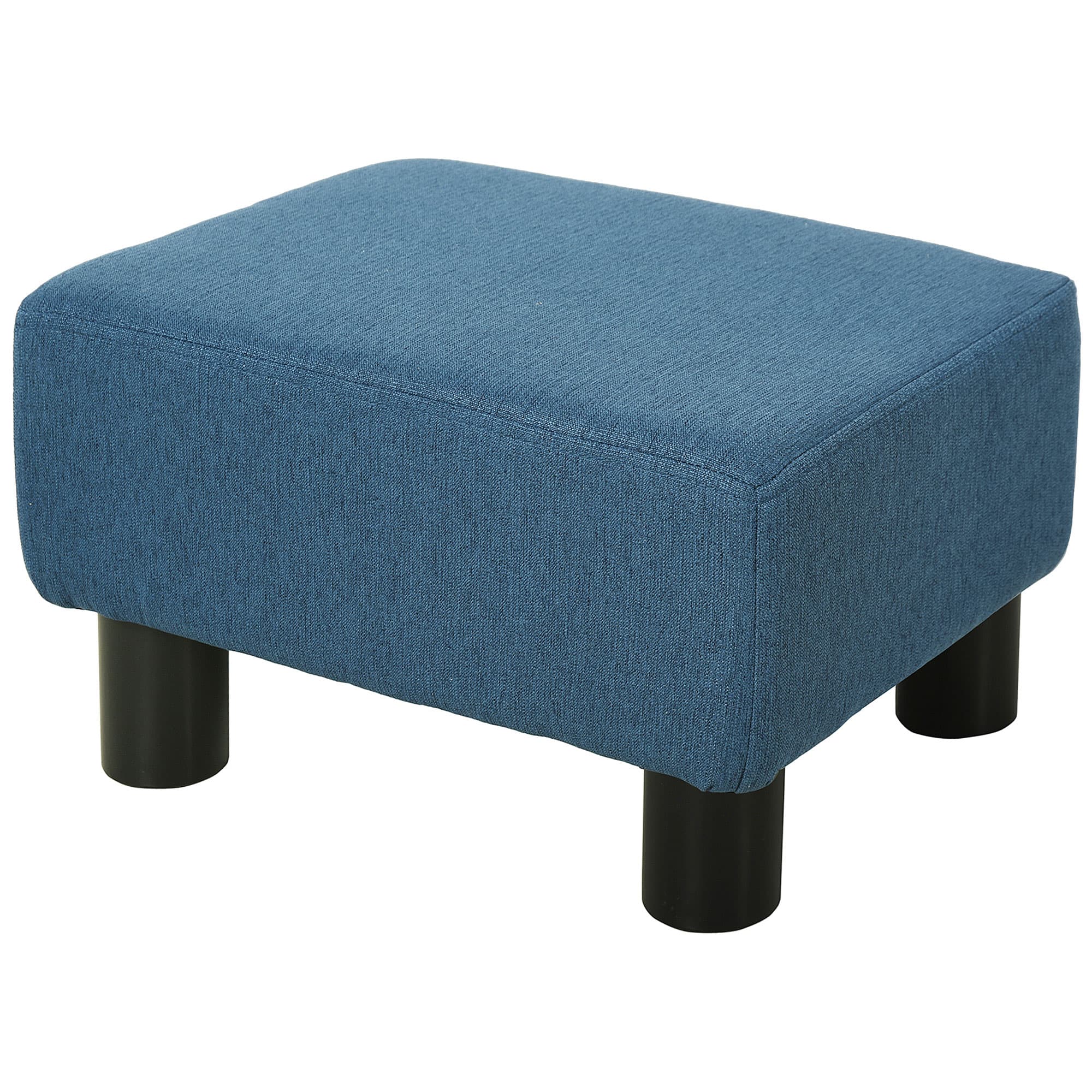 A compact blue footstool with linen upholstery and foam padding