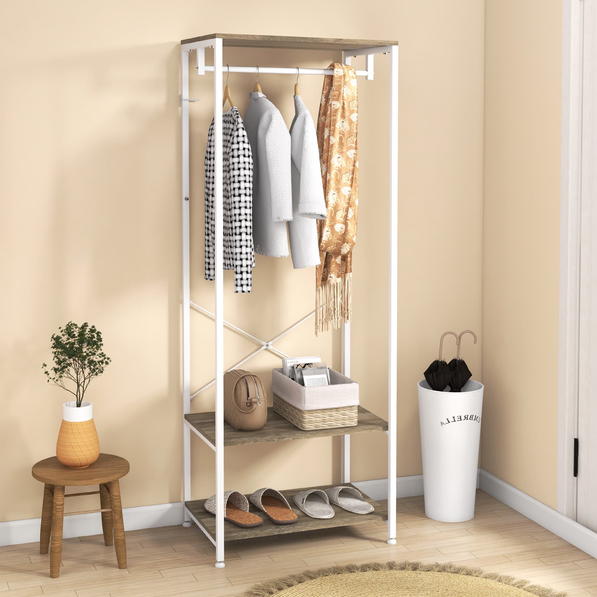 Coat Rack and Shoe Shelves for Hallways, White - image 1