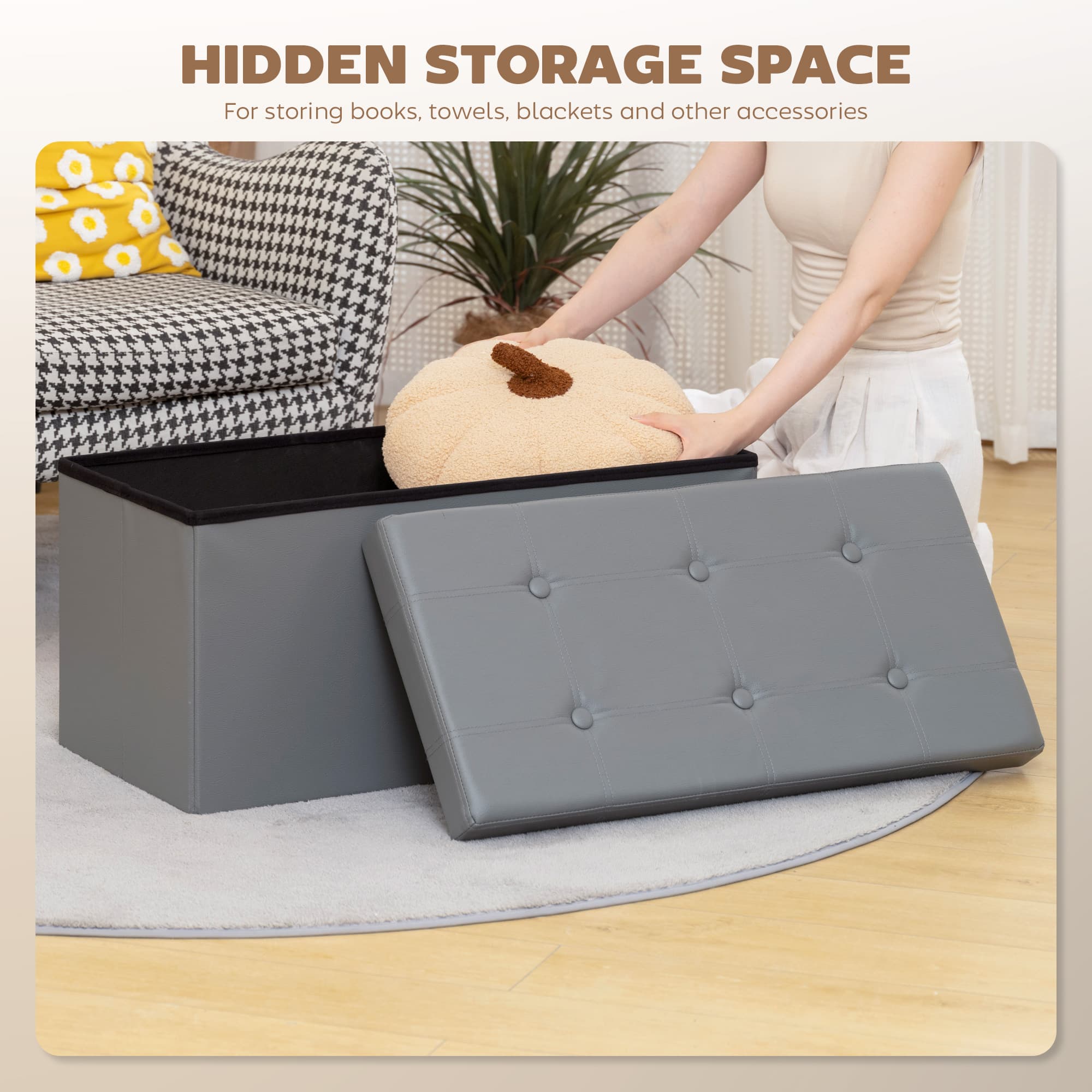 89L Folding Storage Ottoman in Grey PU Leather - image 4