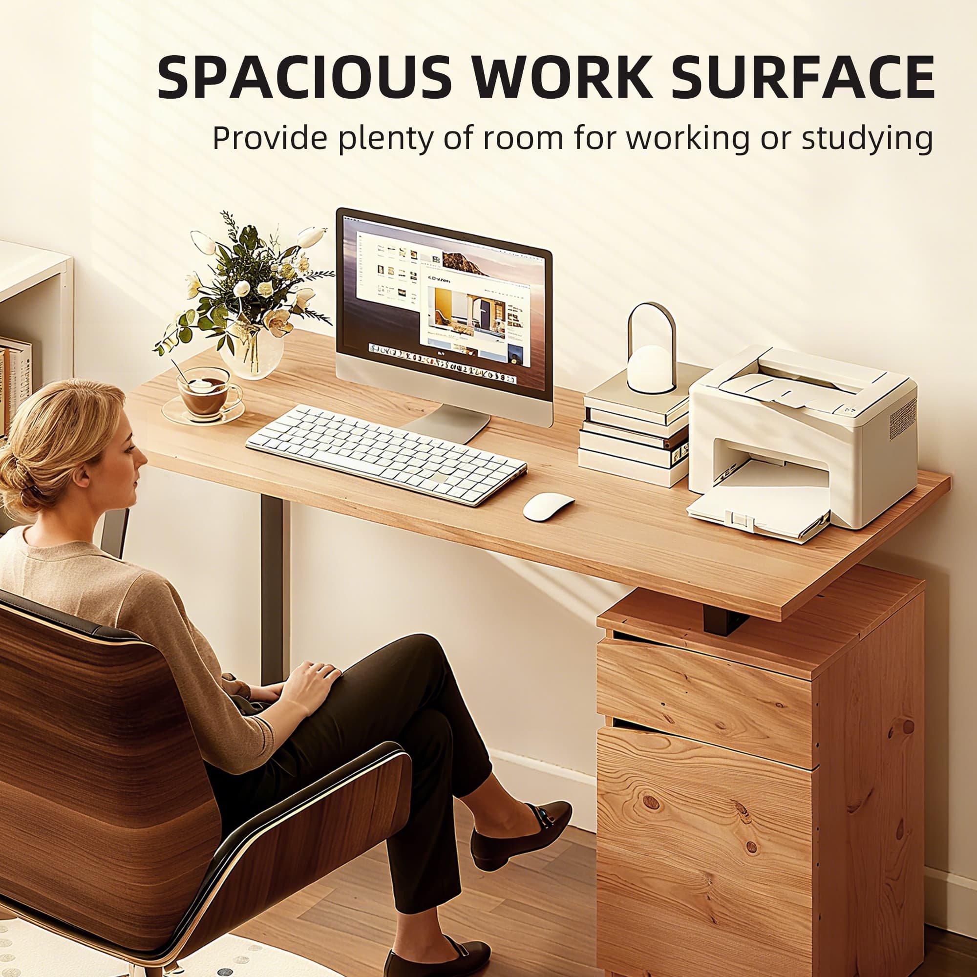 Industrial Natural Wood Computer Desk with Storage Cabinet - image 3