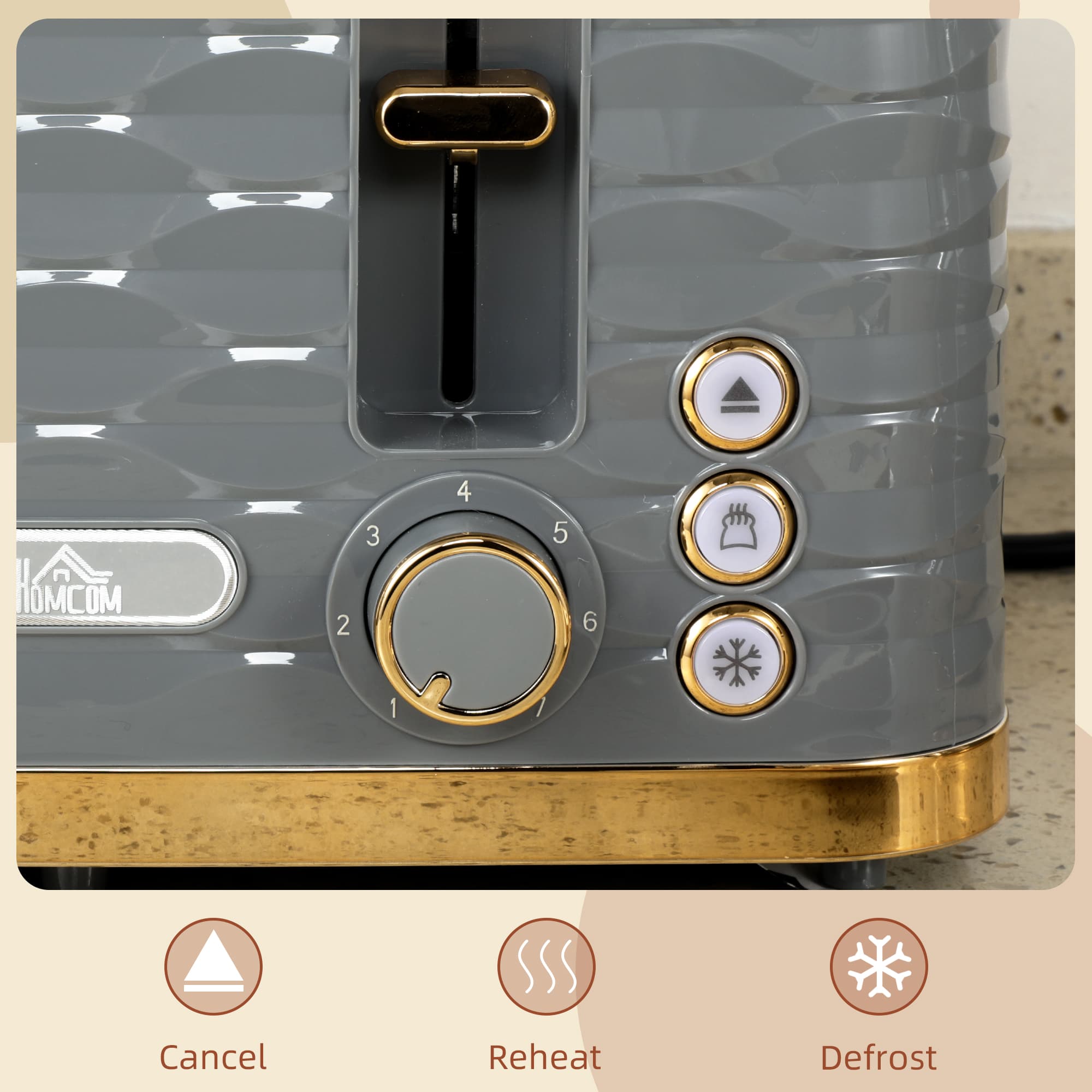 Wave-Textured Four-Slice Toaster in Grey with Gold Trim - image 4