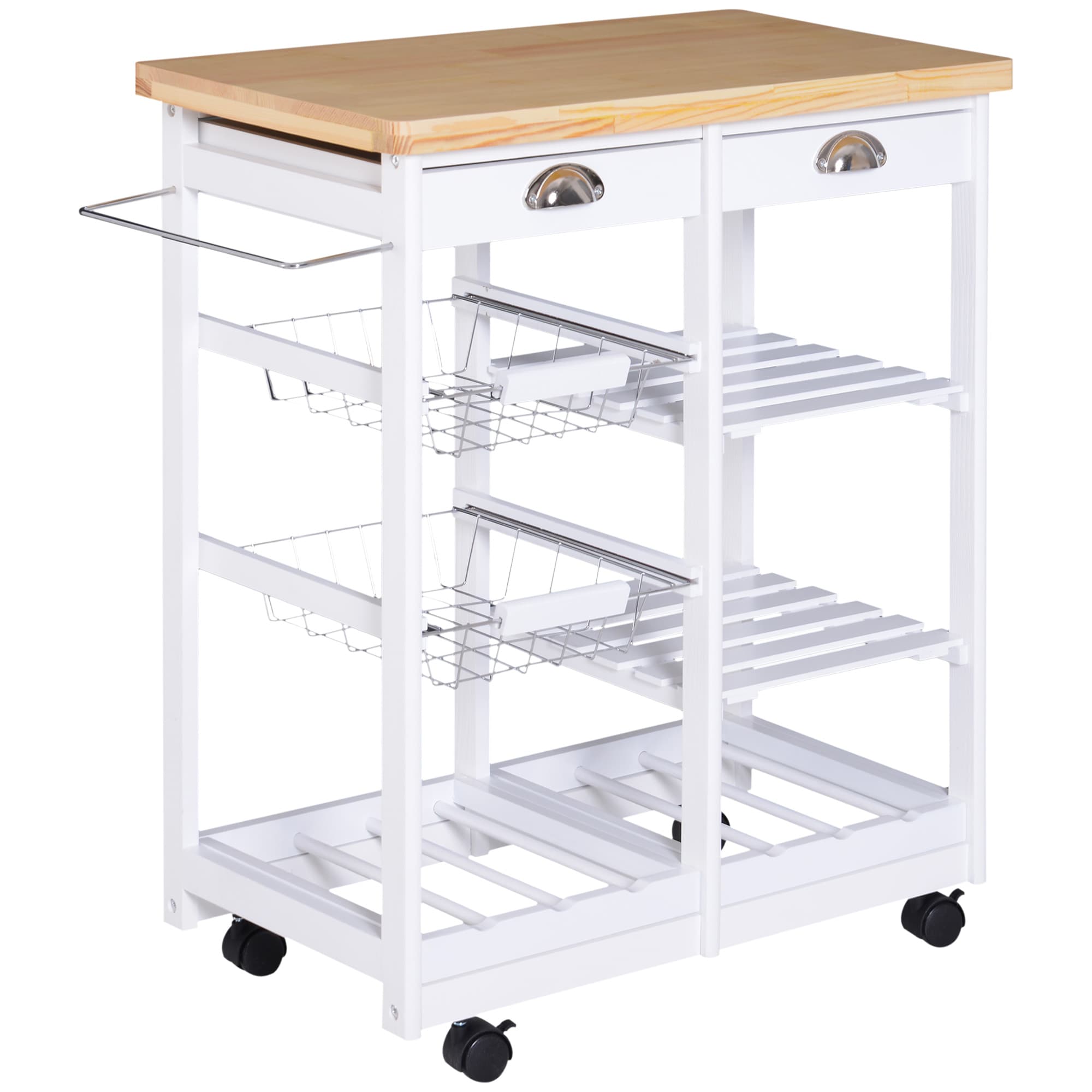 Rolling Kitchen Trolley with Wine Rack and Solid Wood Worktop