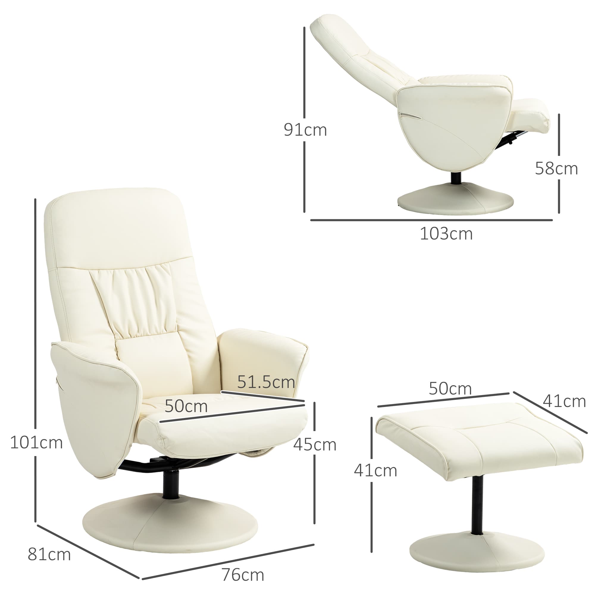 Swivel Recliner Chair and Ottoman Set in Cream Faux Leather - image 5