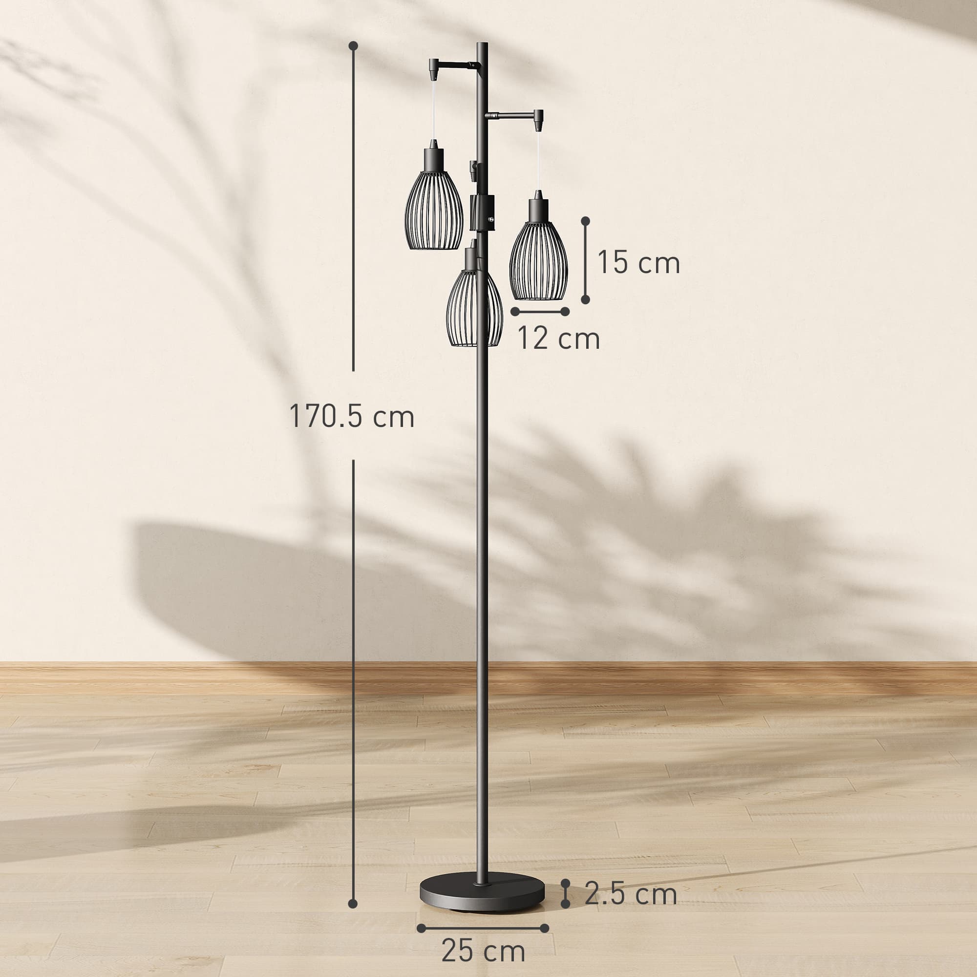 Black Industrial Floor Lamp With 3 Wire Cage Shades and Dimmer - image 2