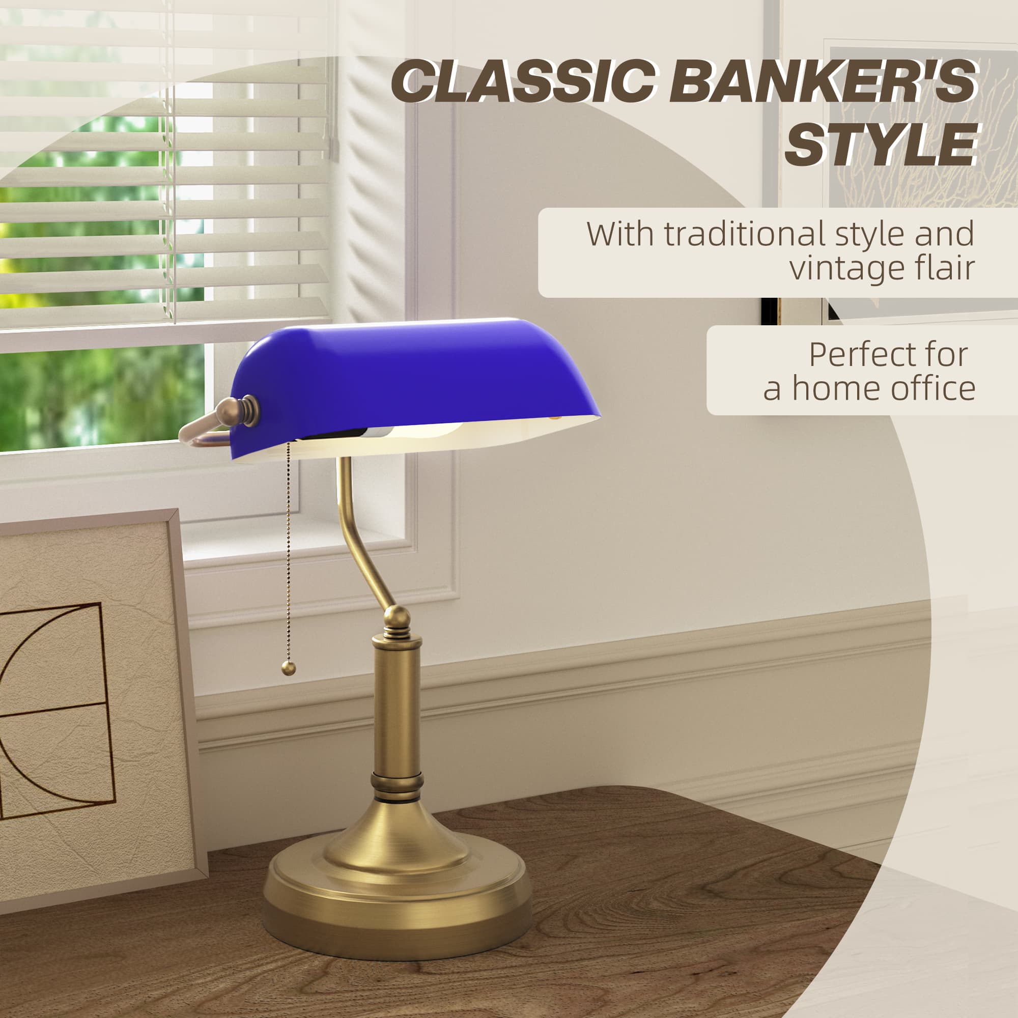 Banker's Desk Lamp — Blue Glass Shade, Pull-Chain Switch - image 5