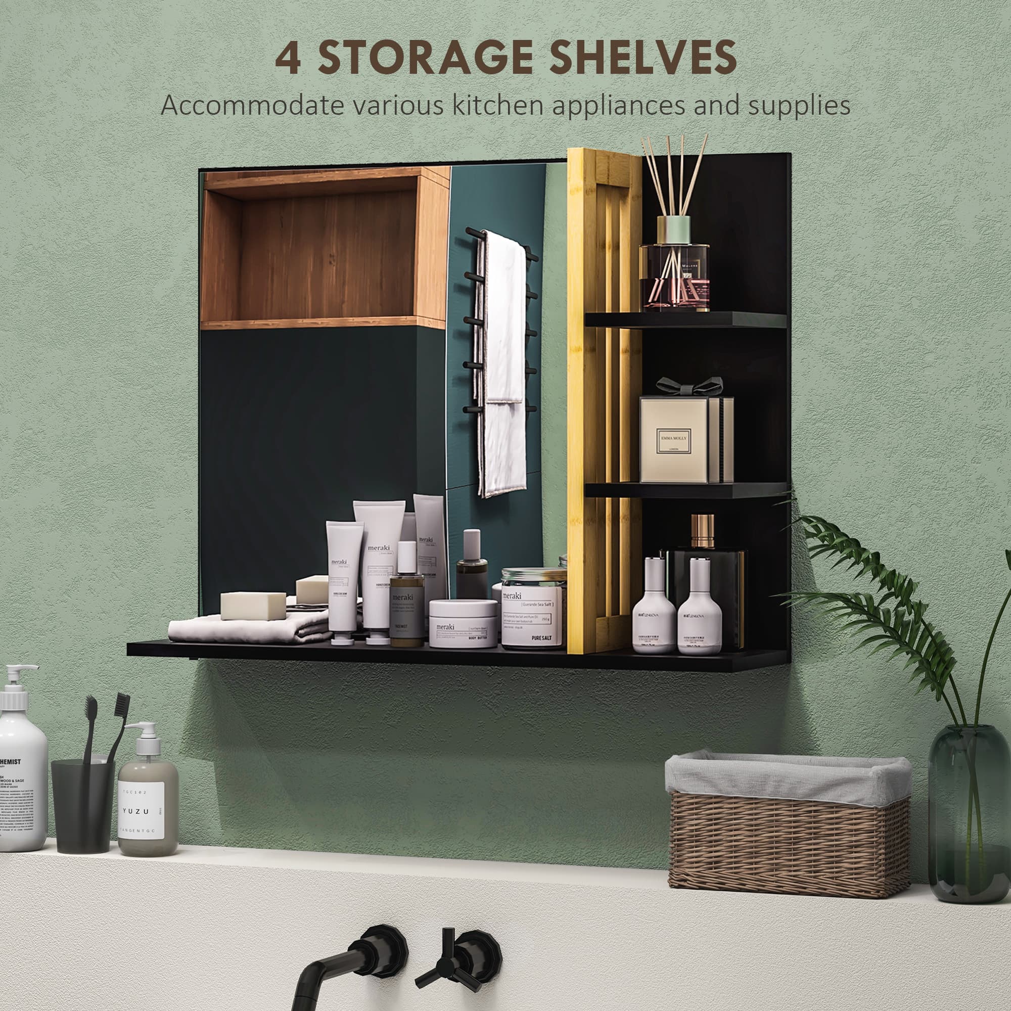 Black Bathroom Mirror with Space-Saving Bamboo Shelves - image 5