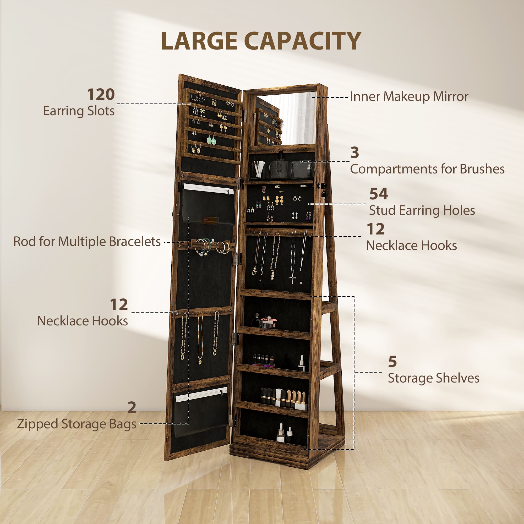 Free-Standing Jewellery Cabinet with Full-Length Swivel Mirror - image 3