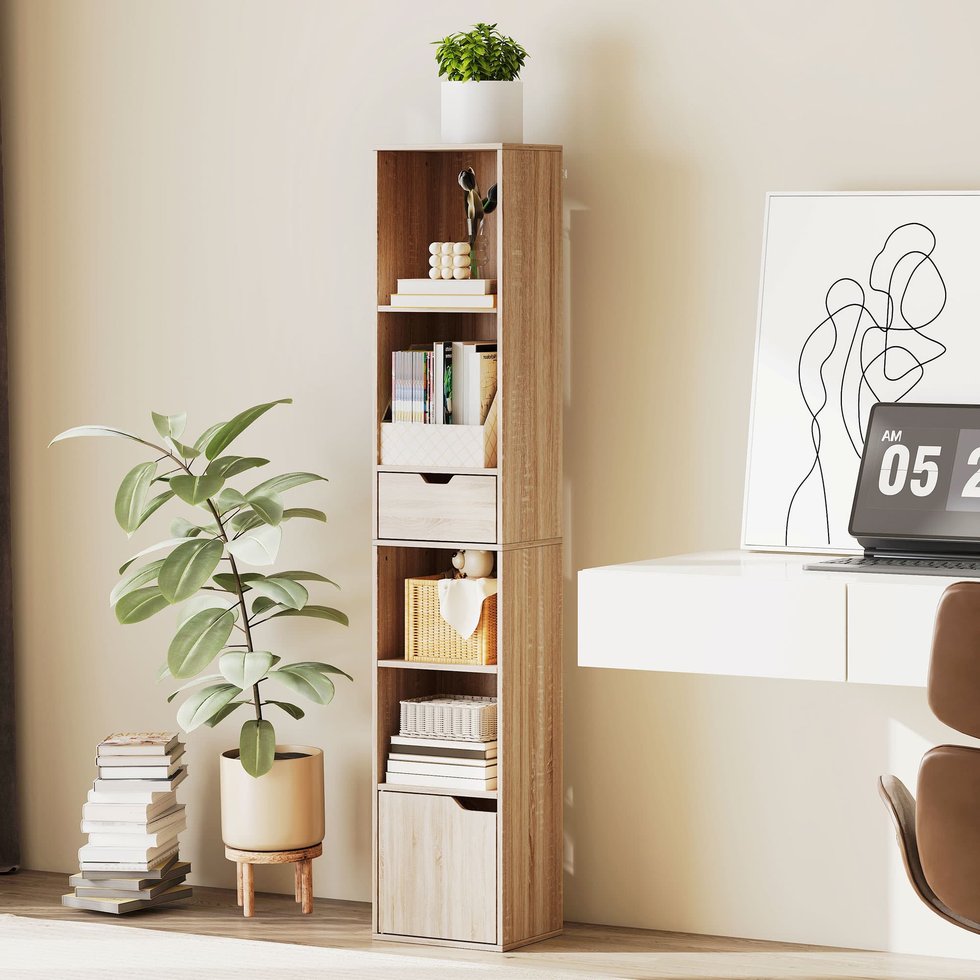 Tall Narrow Bookcase with Open Shelves, Drawer and Door – Natural Wood - image 6