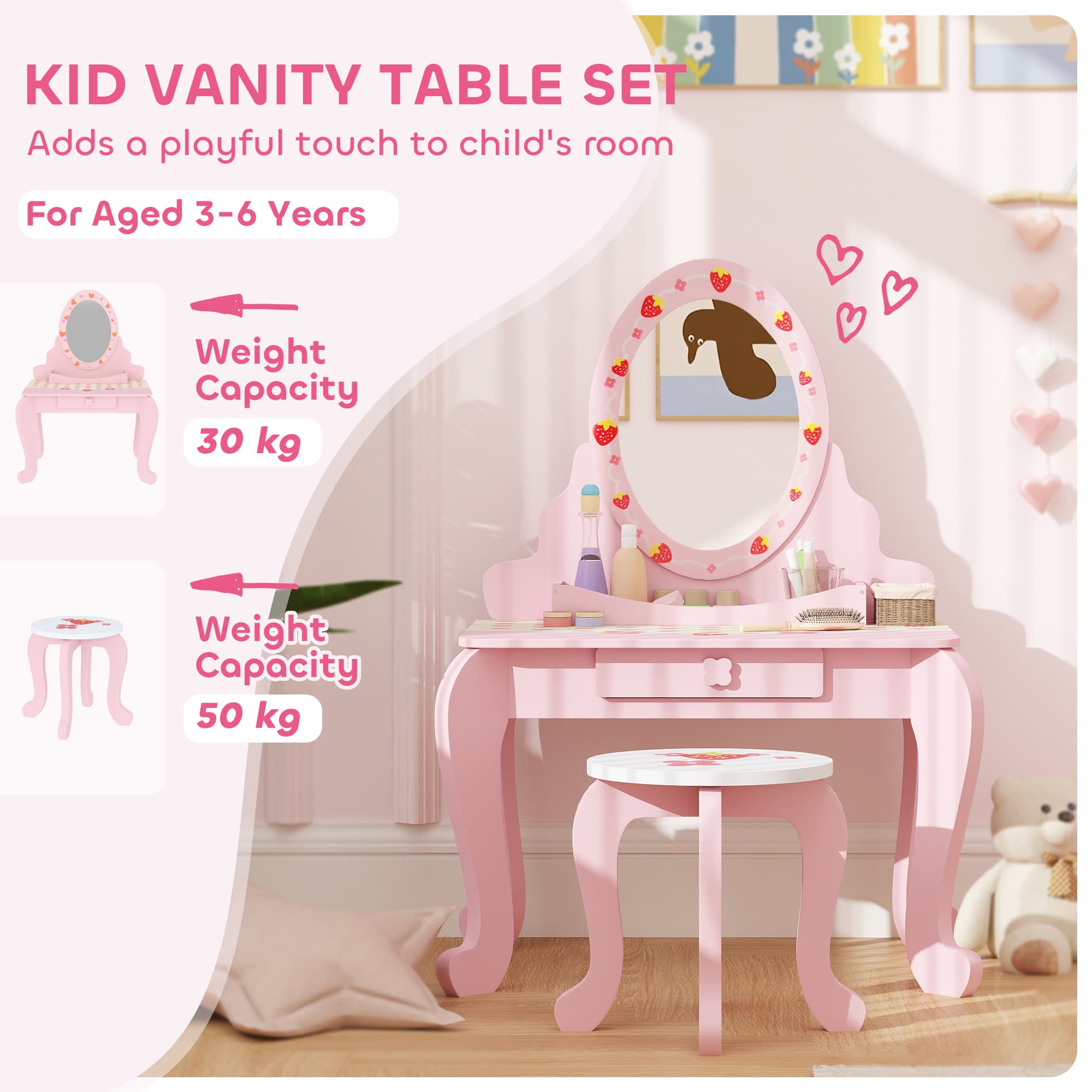 Pink Kids Vanity Set with Strawberry Mirror and Matching Stool - image 3