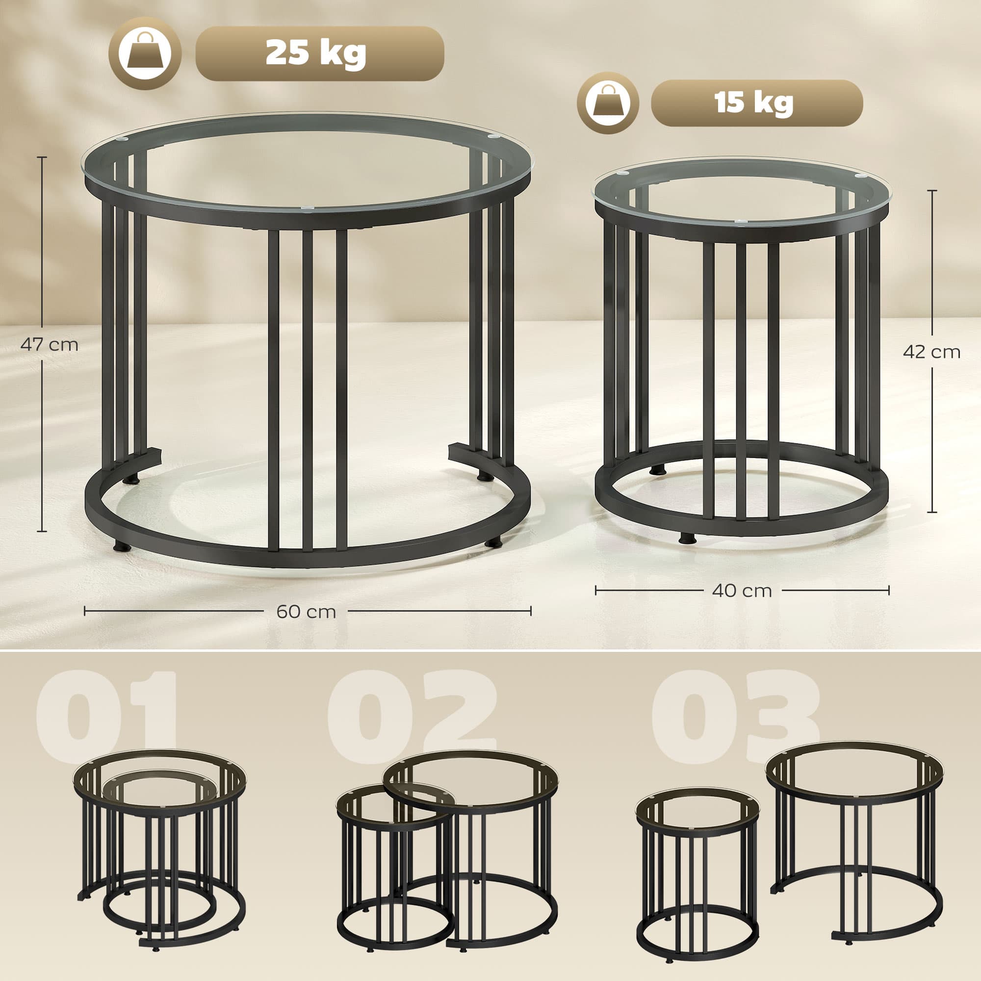Round Nesting Coffee Tables Set of 2 — Clear Glass, Black Steel - image 4