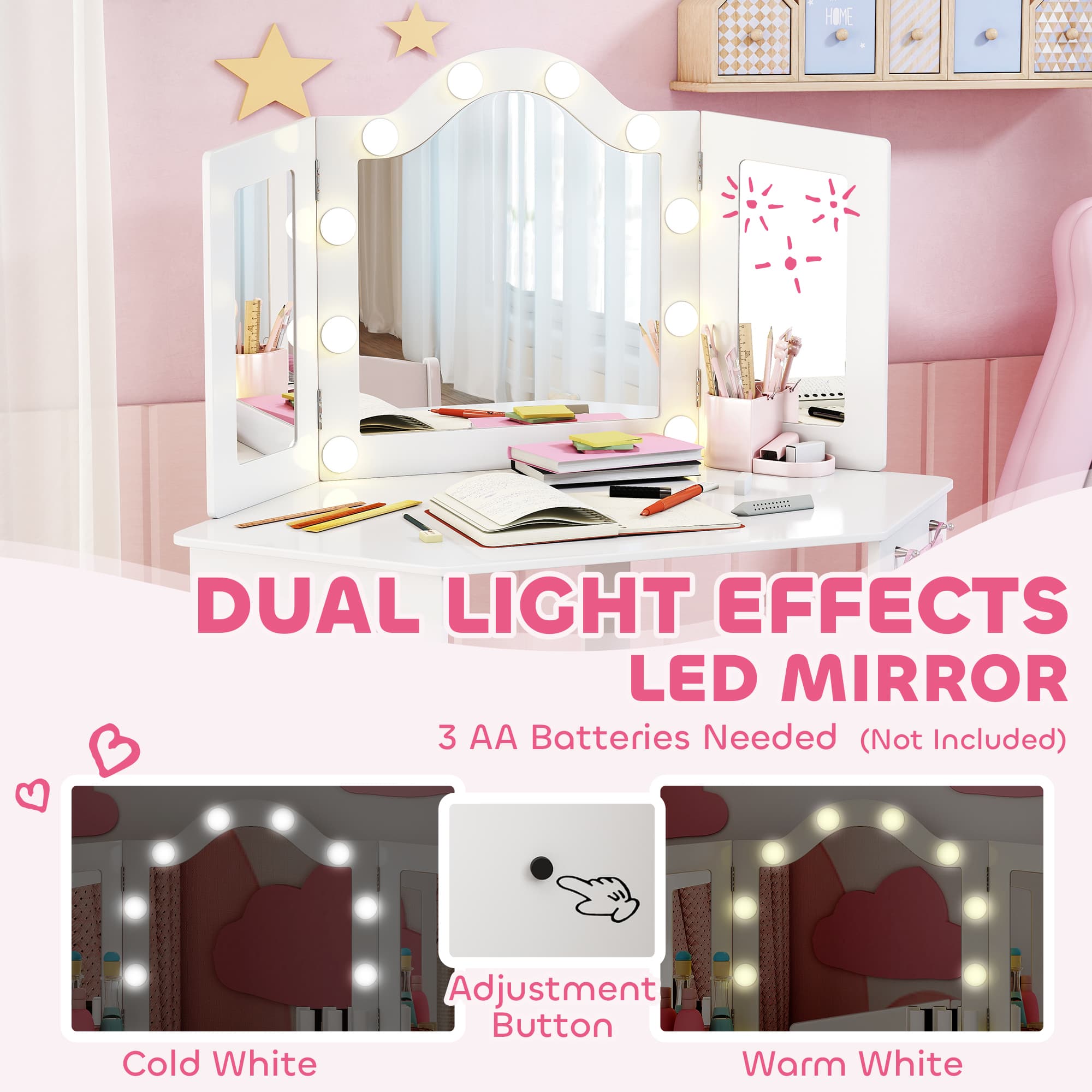 White Kids Vanity Table Set With LED Bulbs and Tri-Fold Mirror - image 5