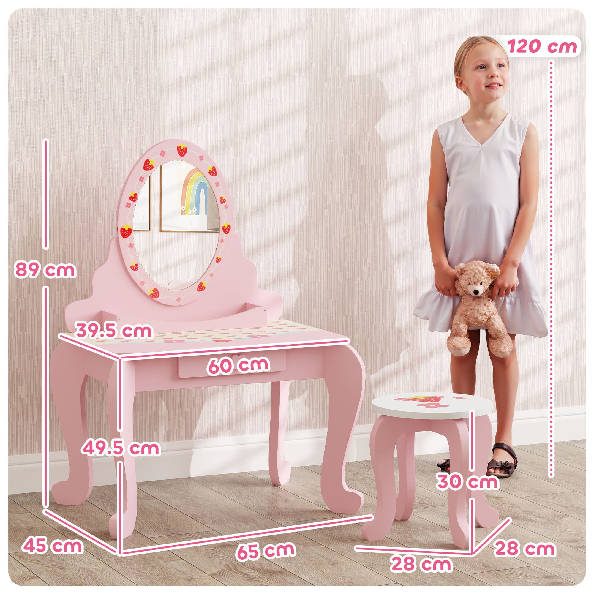 Pink Kids Vanity Set with Strawberry Mirror and Matching Stool - image 1