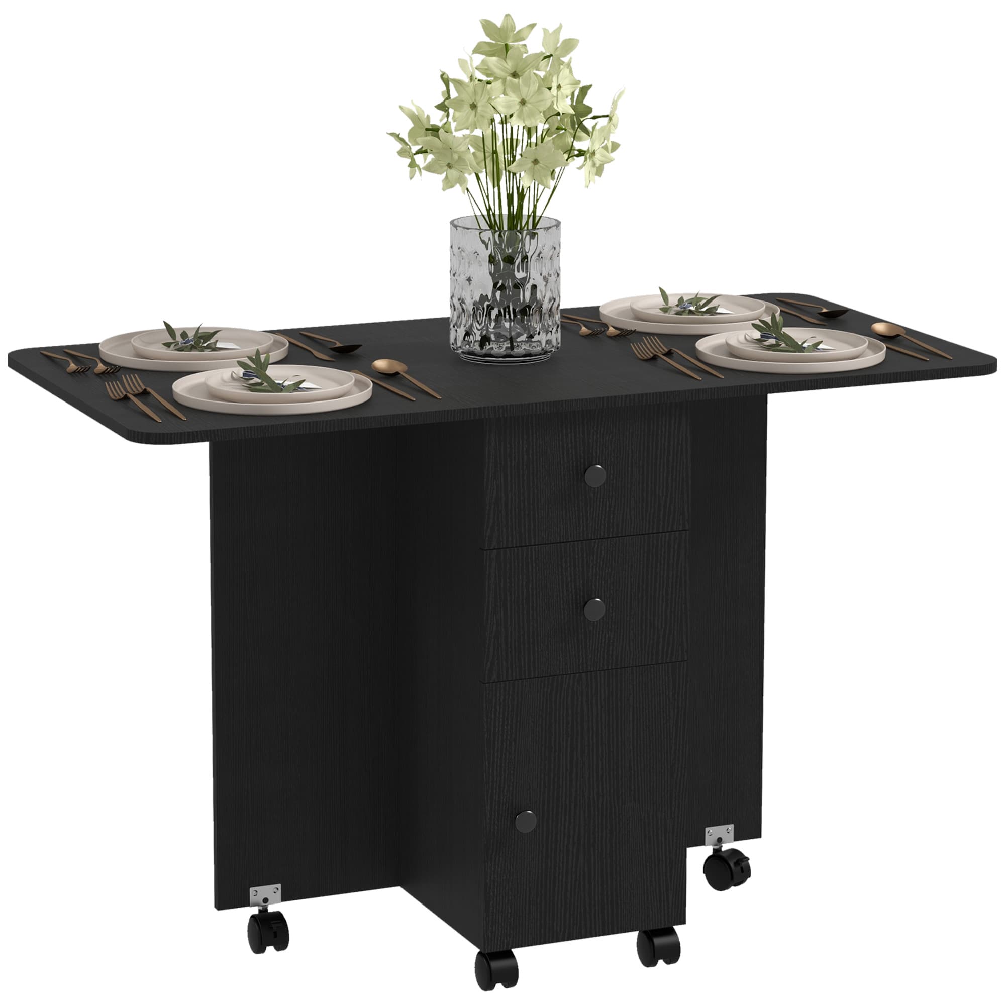 Extending Drop Leaf Dining Table with Built-In Storage and Wheels - Black