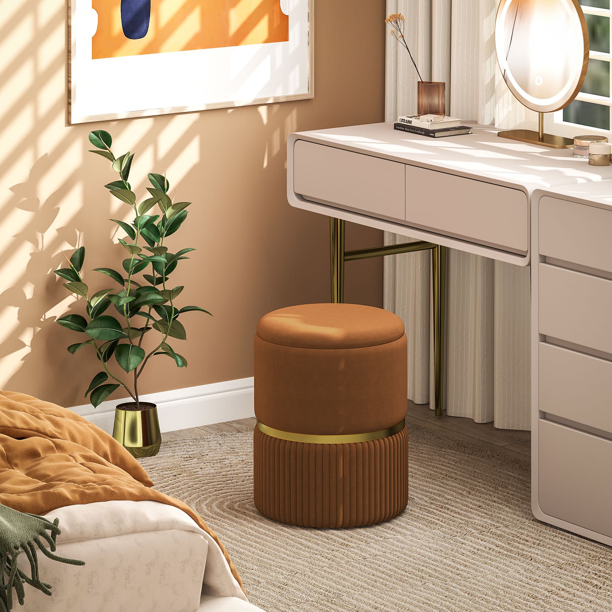 Round Brown Velvet Storage Ottoman with Lift-Off Lid - image 7