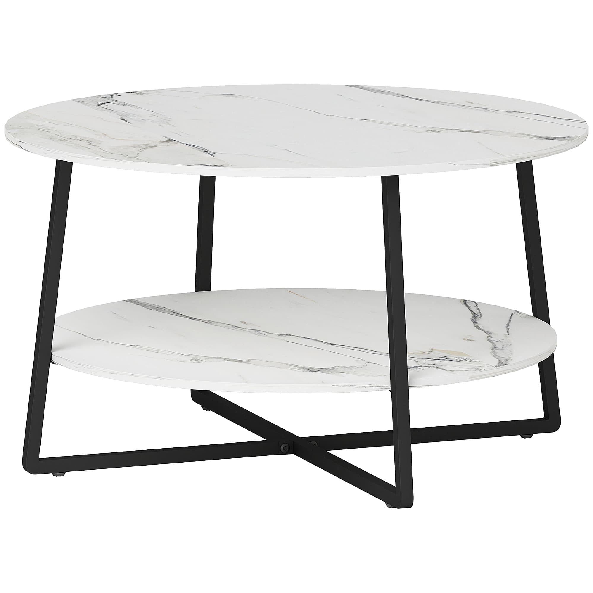 Round Marble-Effect Coffee Table — Two Tiers, Black Metal Frame - White