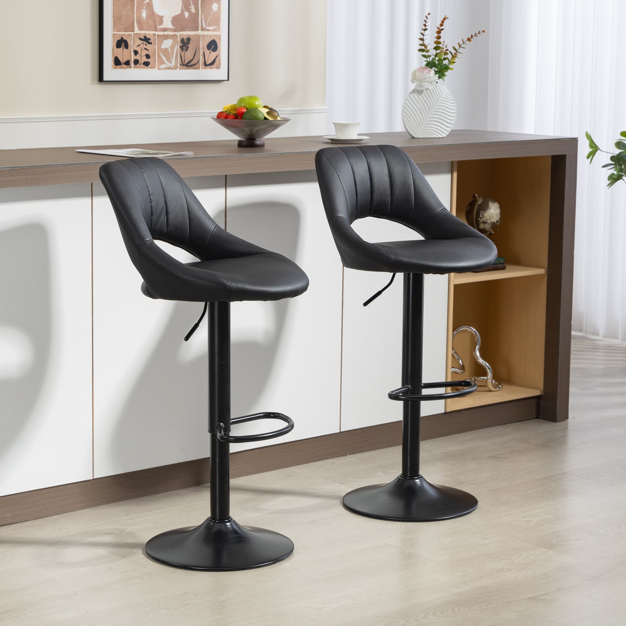 Set of Two Adjustable Black Faux Leather Swivel Bar Stools - image 2