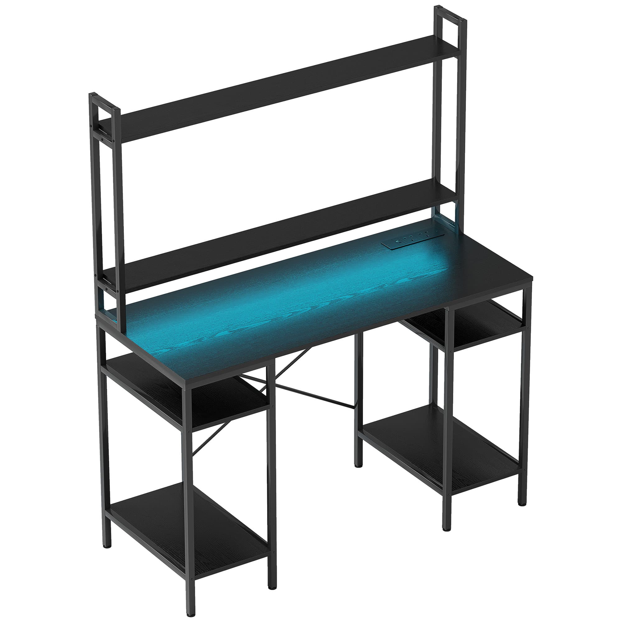 A Home Office and Gaming Desk with Built-In Power, LED Lights, and Shelving - Black
