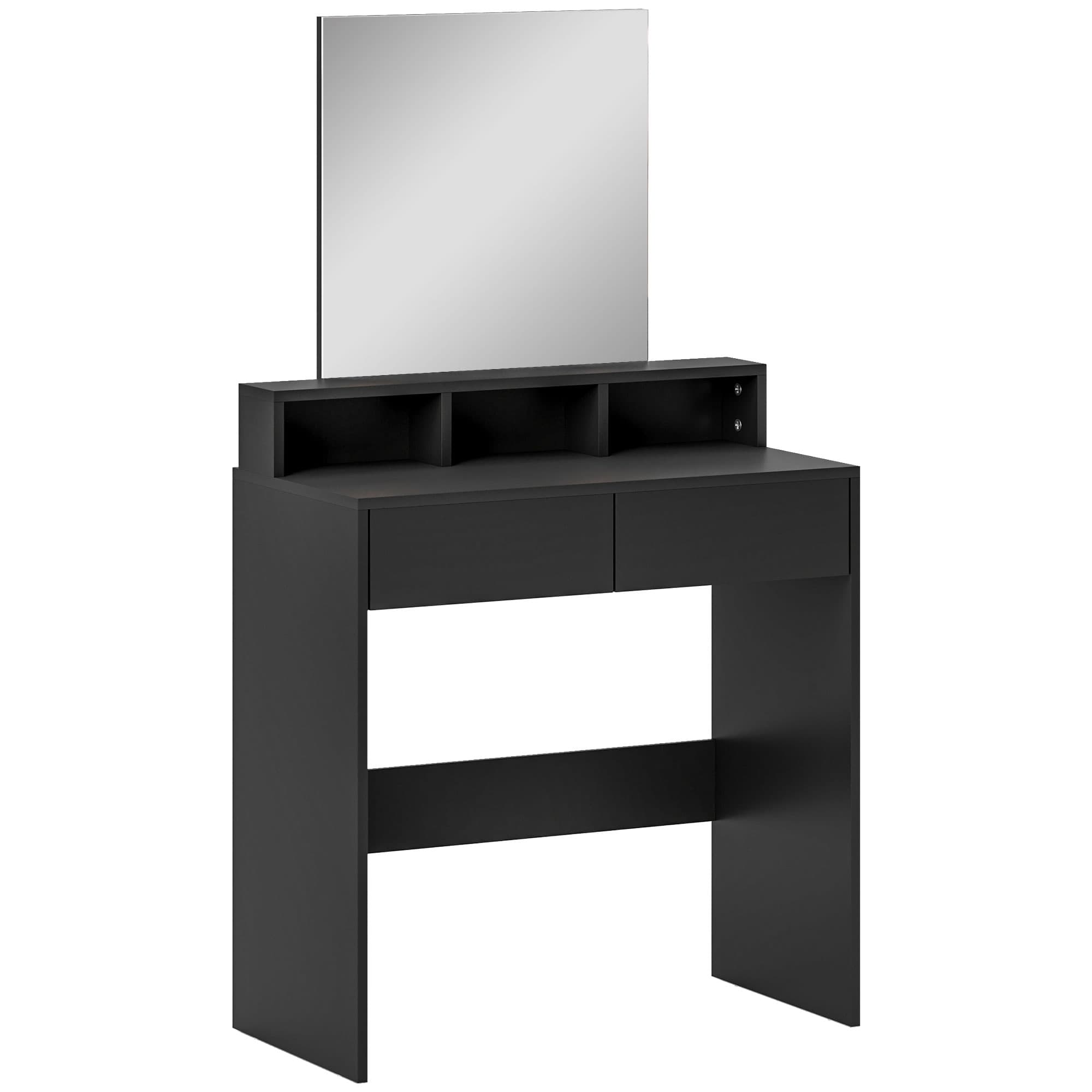 A compact black dressing table with mirror and built-in storage