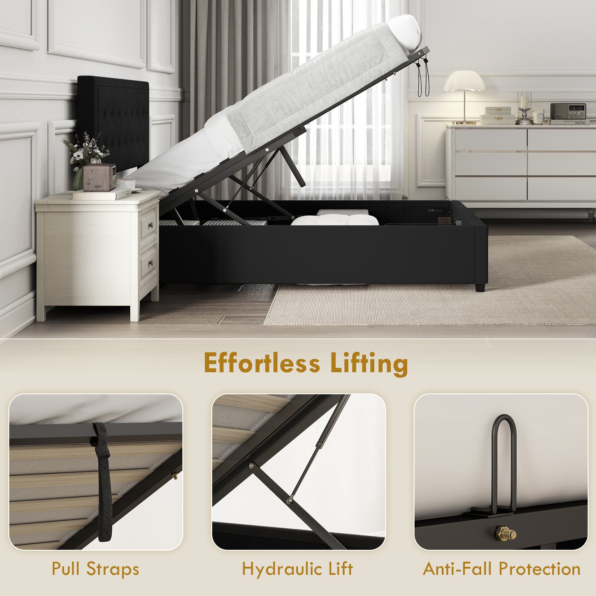 Effortless Storage: Black Velvet Double Ottoman Bed Frame - image 2