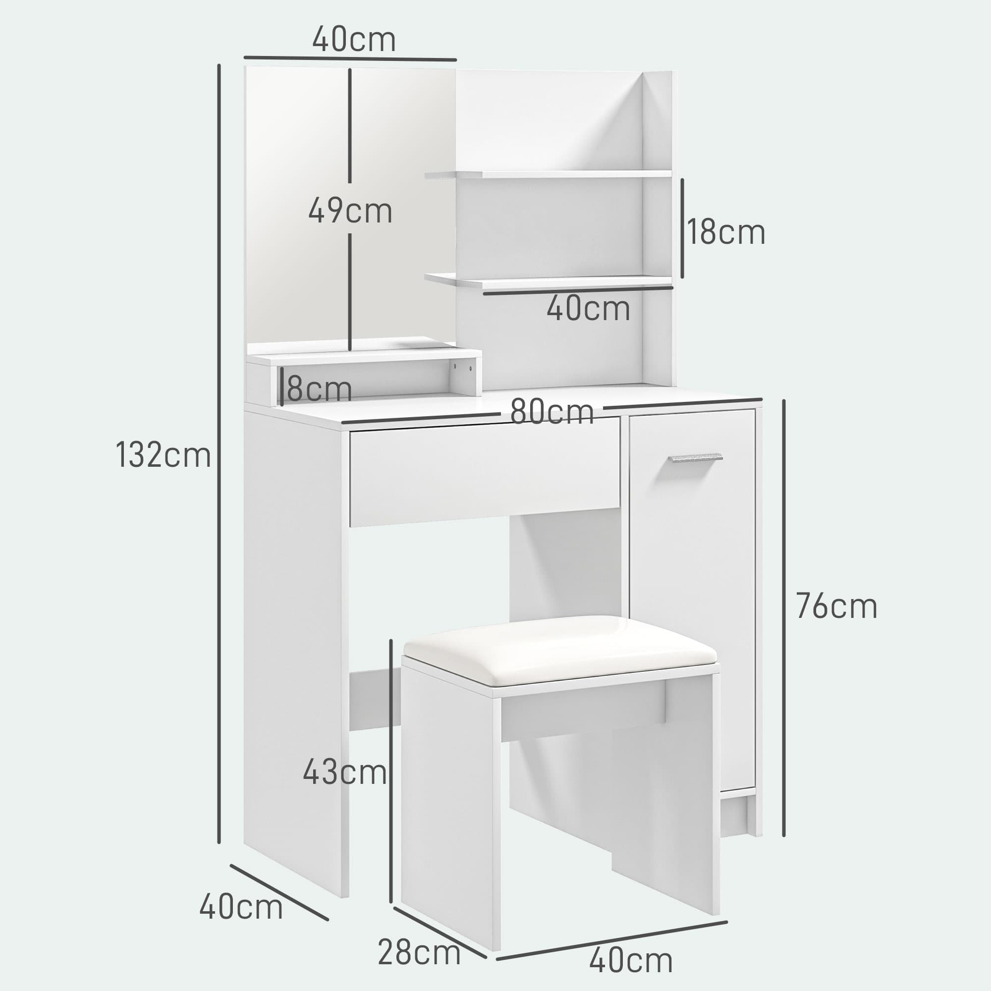 White Dressing Table Set – Mirror, Shelves, Drawer and Stool - image 4