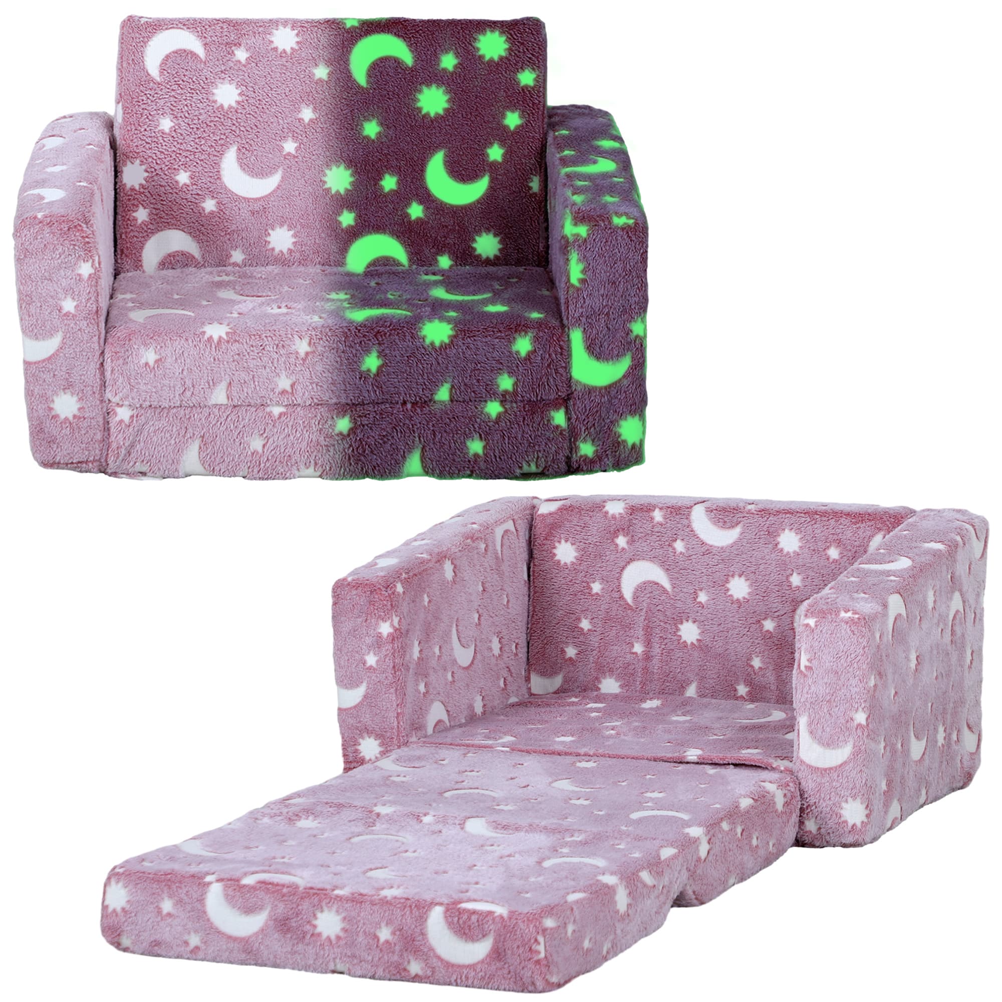 Glow-in-the-Dark Kids Armchair That Folds into a Toddler Bed - Pink