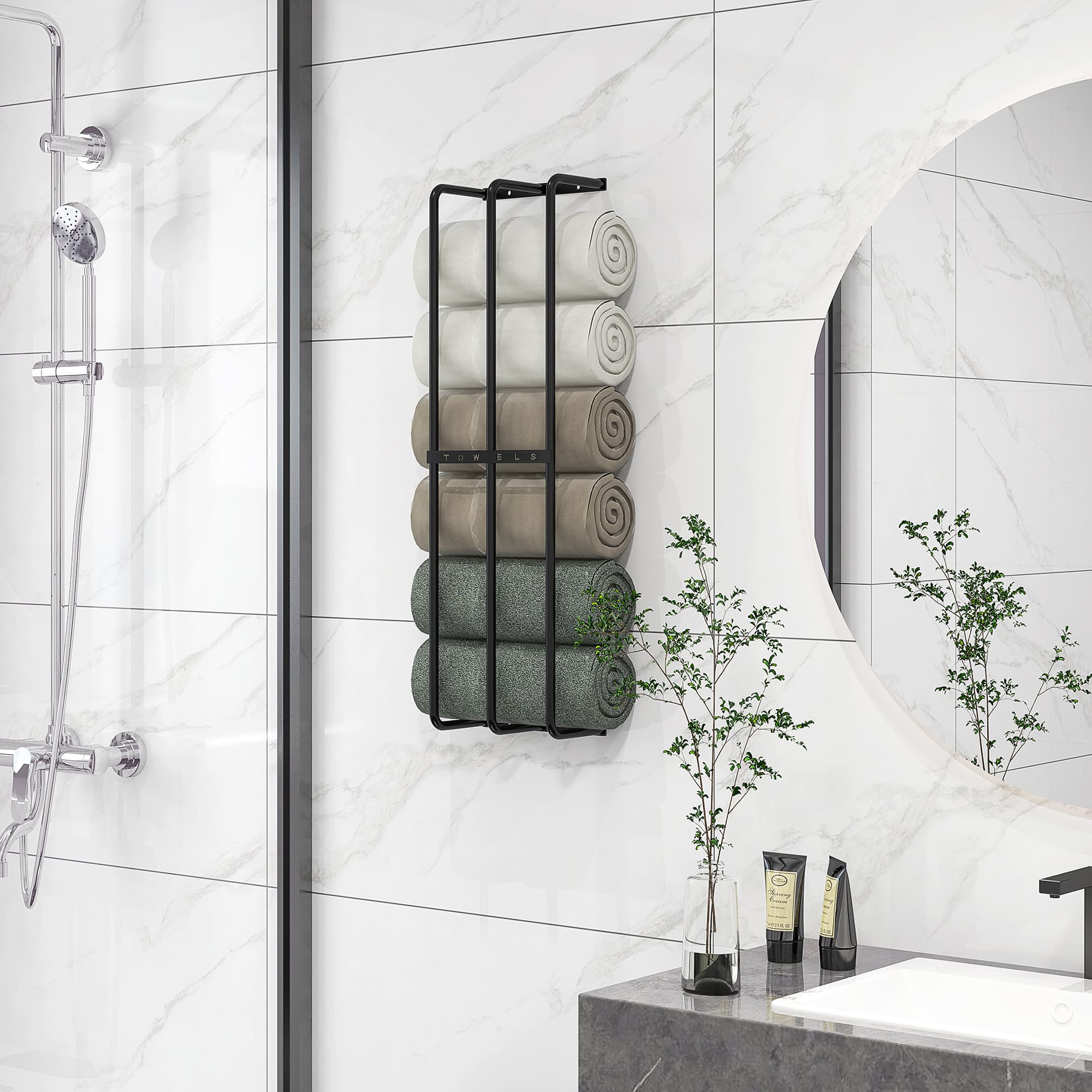 Wall-Mounted Black Metal Rack That Holds Six Full-Size Towels - image 7