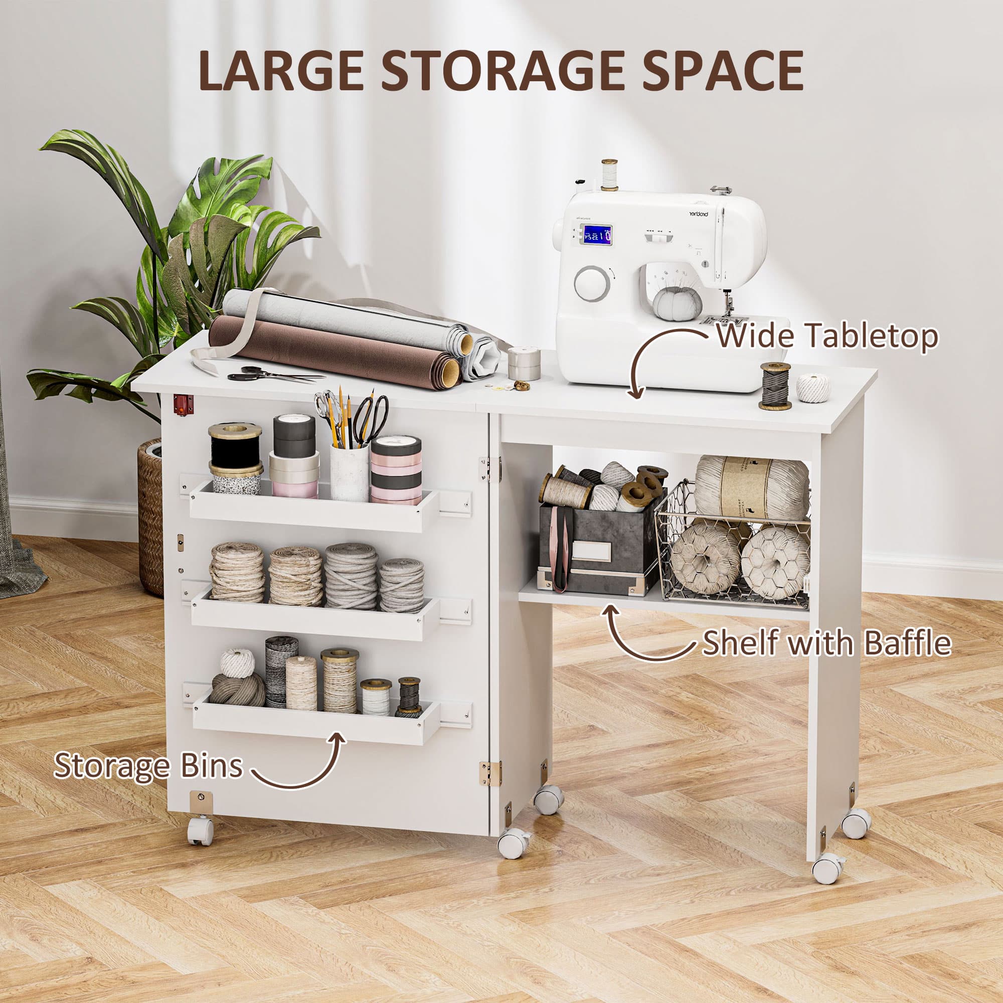 Folding Craft and Sewing Table with Drop Leaf and Wheels - image 3