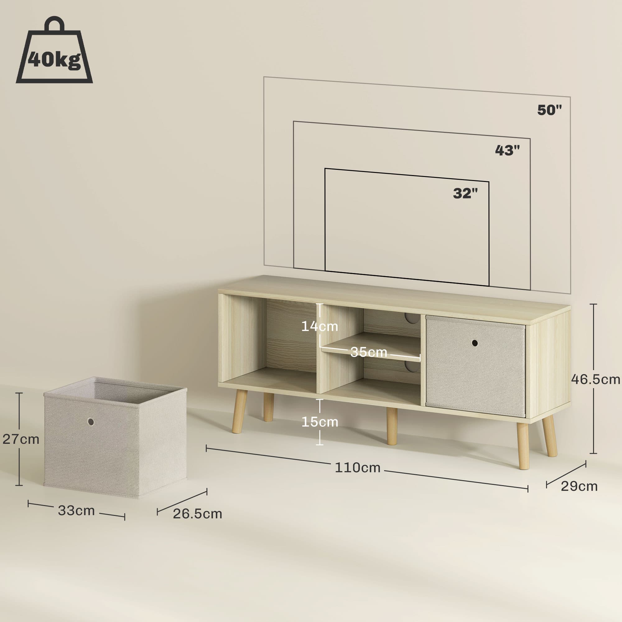 Mid-Century TV Unit with Fabric Storage, Natural Oak - image 3