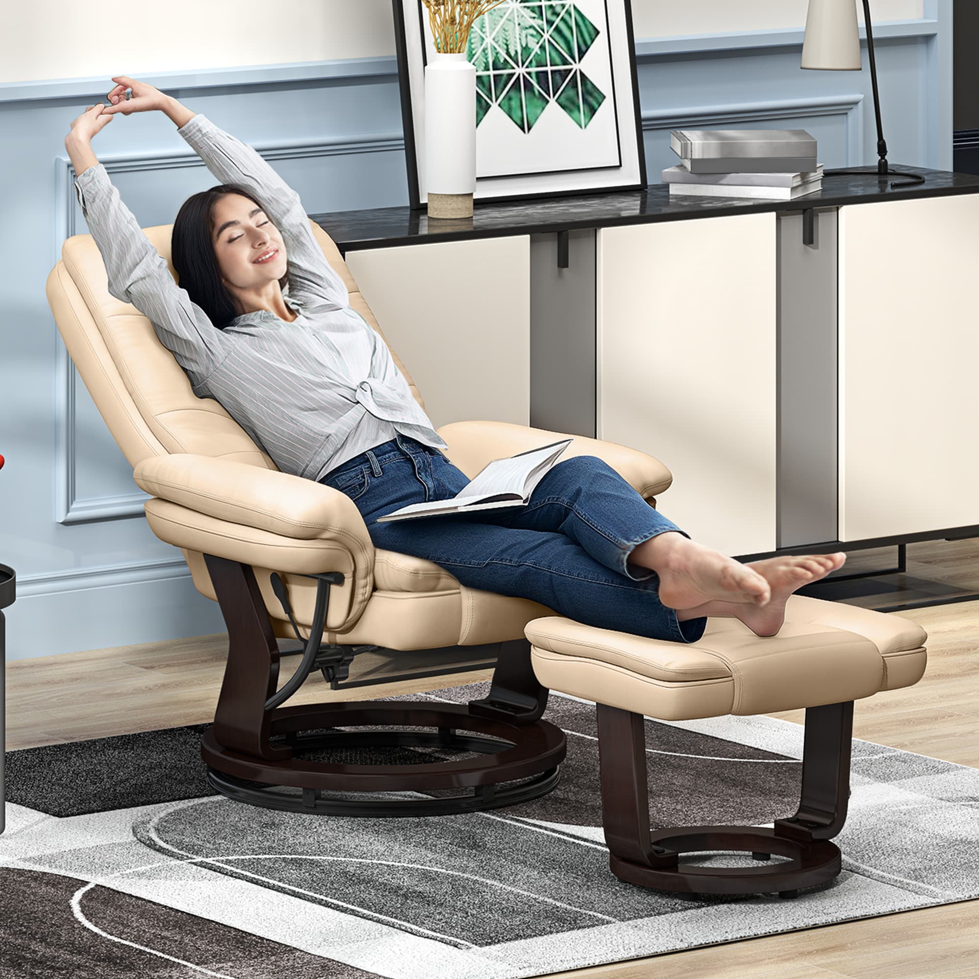 Effortless Relaxation: Beige Reclining Chair & Footstool - image 4