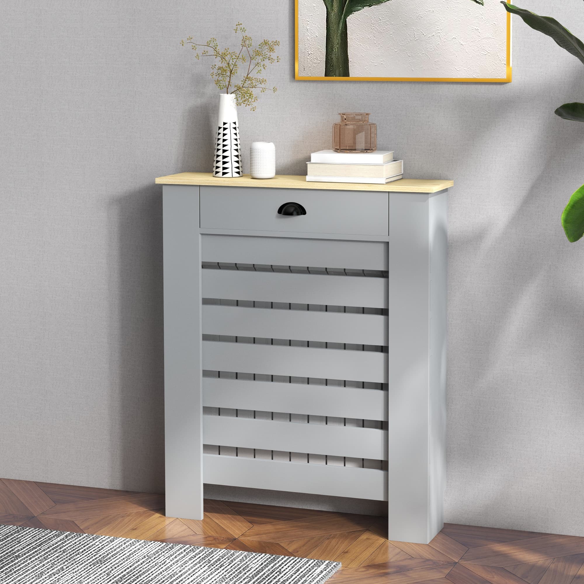 Grey Radiator Cover with Storage Drawer & Slatted Design - image 2