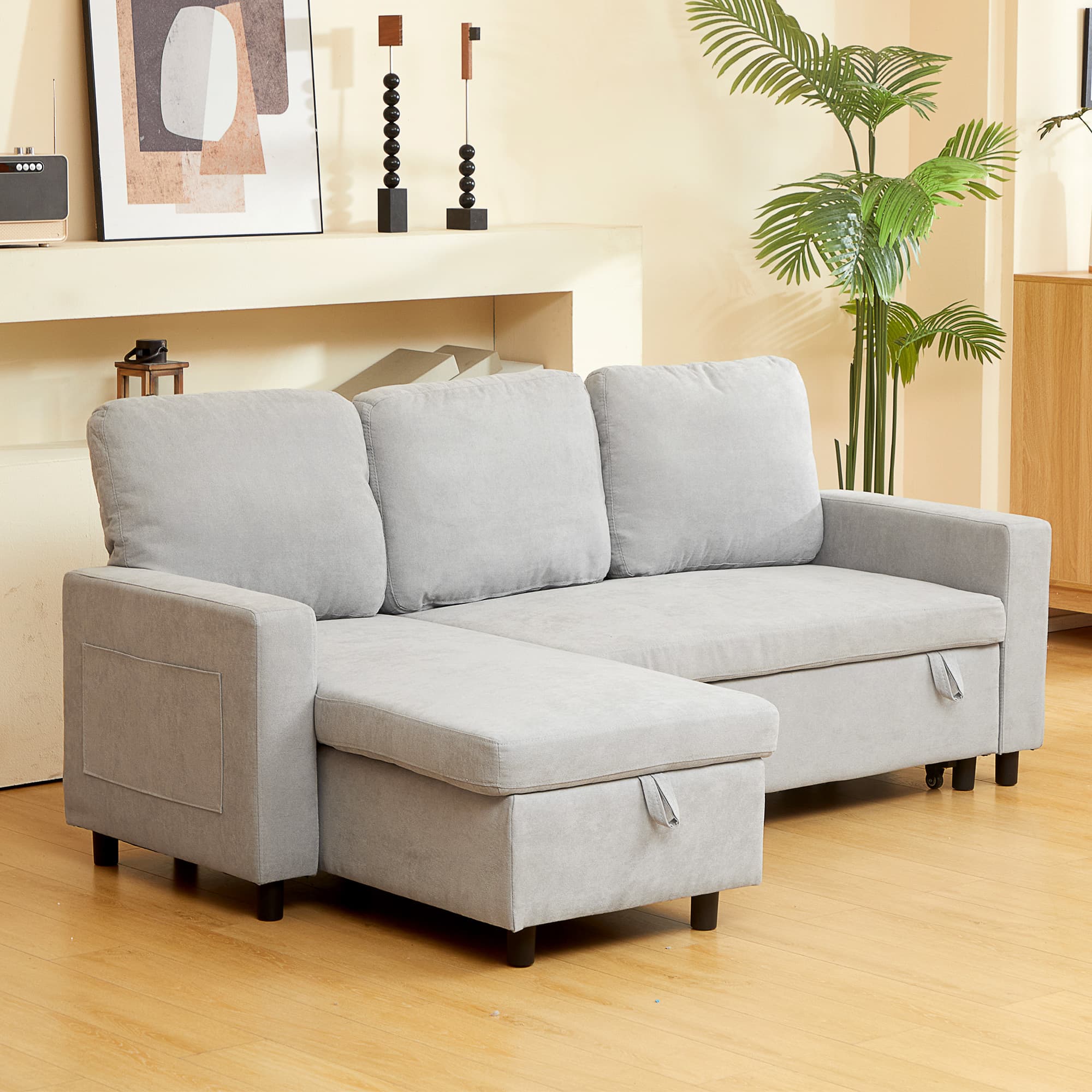 Light Grey Pull-Out Corner Sofa Bed with Chaise Storage - image 5