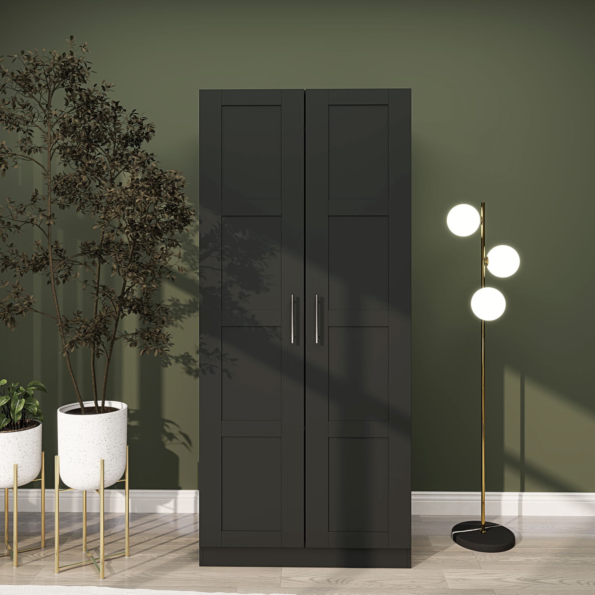 Black Two-Door Bedroom Wardrobe — 76cm Rail and Twin Shelves - image 3