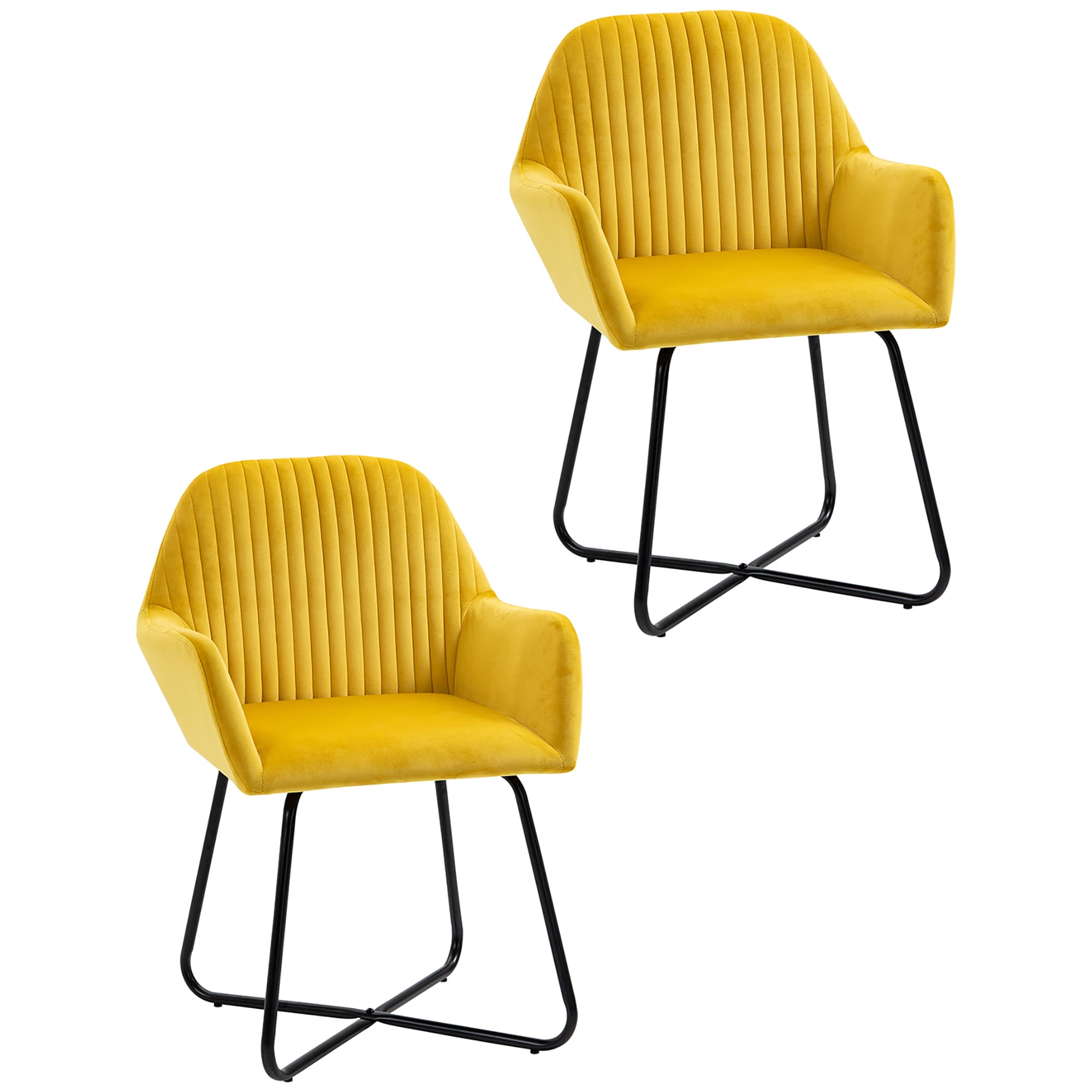 Pair of Mustard Velvet Plissé-Back Accent Chairs on X-Frame Legs - Yellow