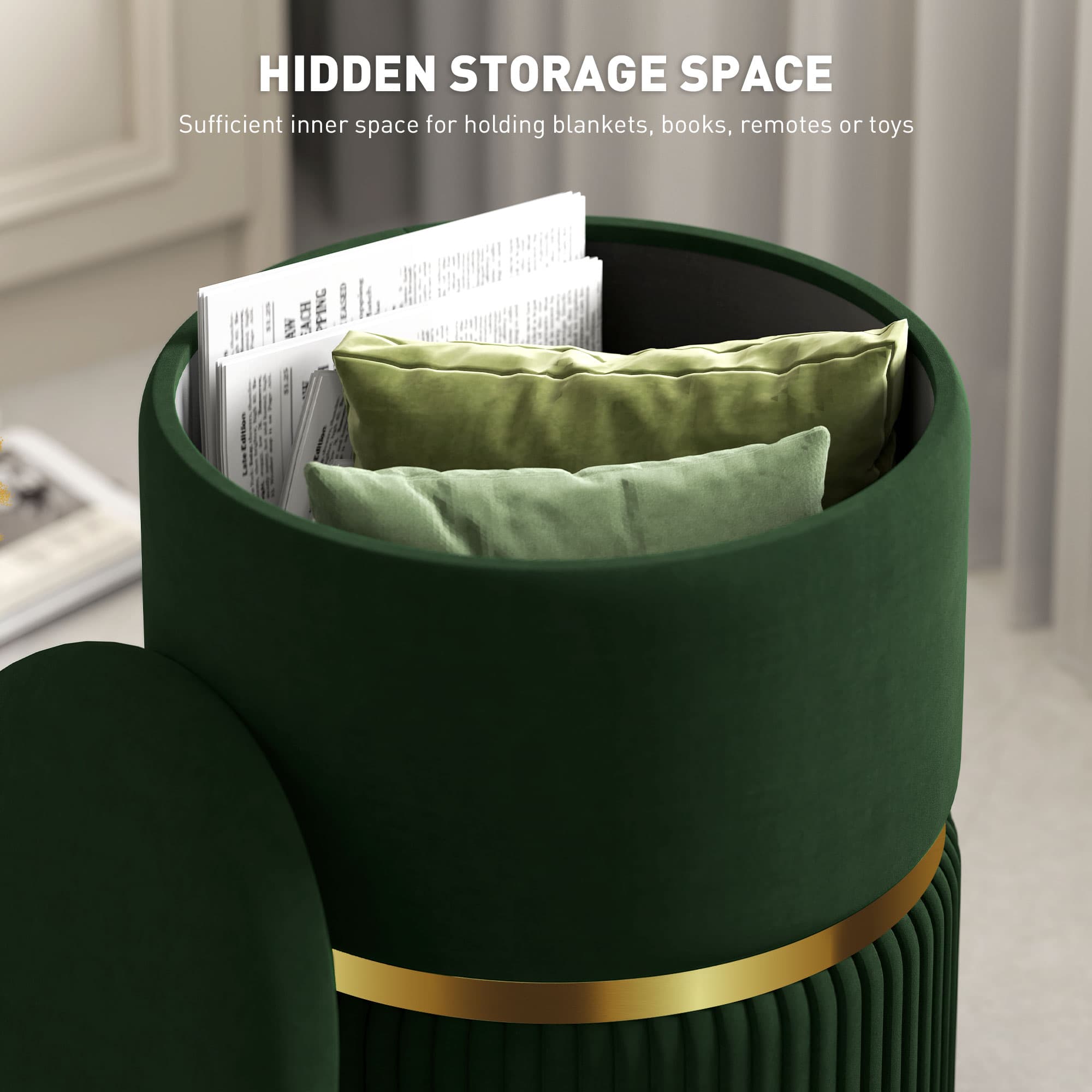 Dark Green Velvet-Feel Storage Ottoman - image 6