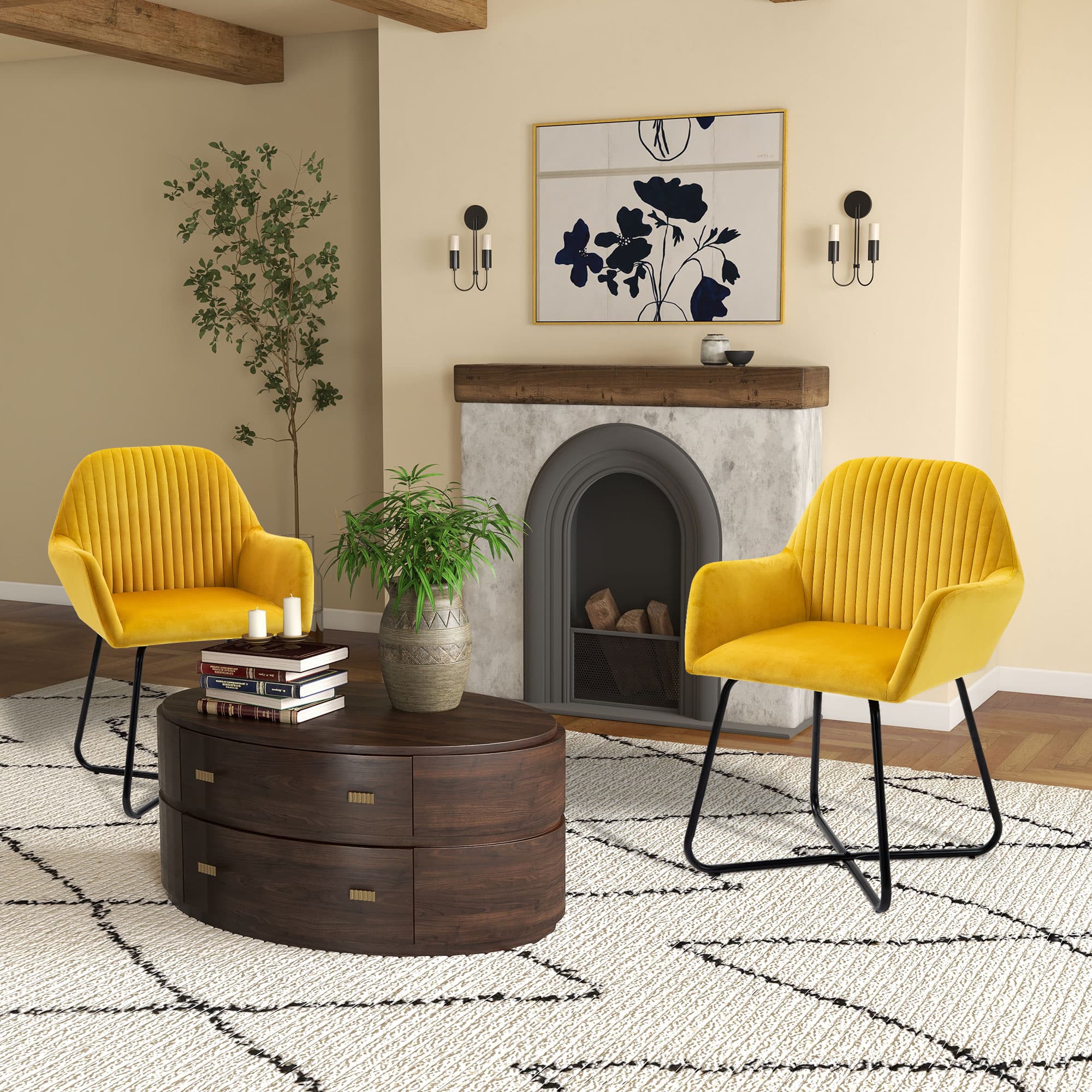 Pair of Mustard Velvet Plissé-Back Accent Chairs on X-Frame Legs - image 1
