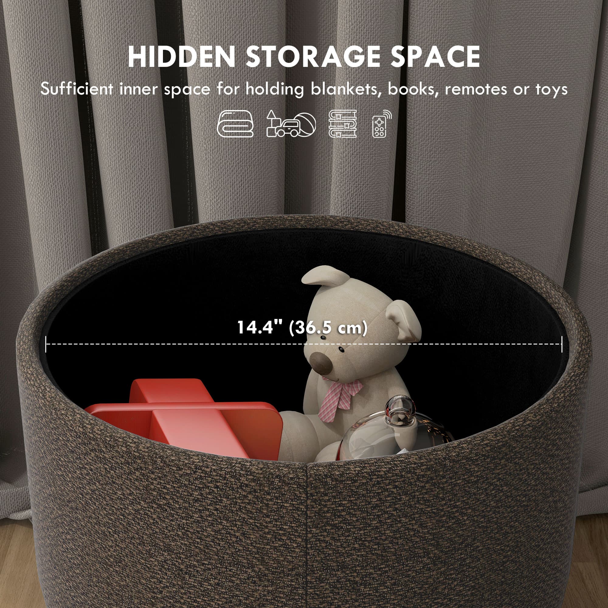 Round Storage Ottoman with Woven Fabric Seat and Natural Wood Legs - image 1
