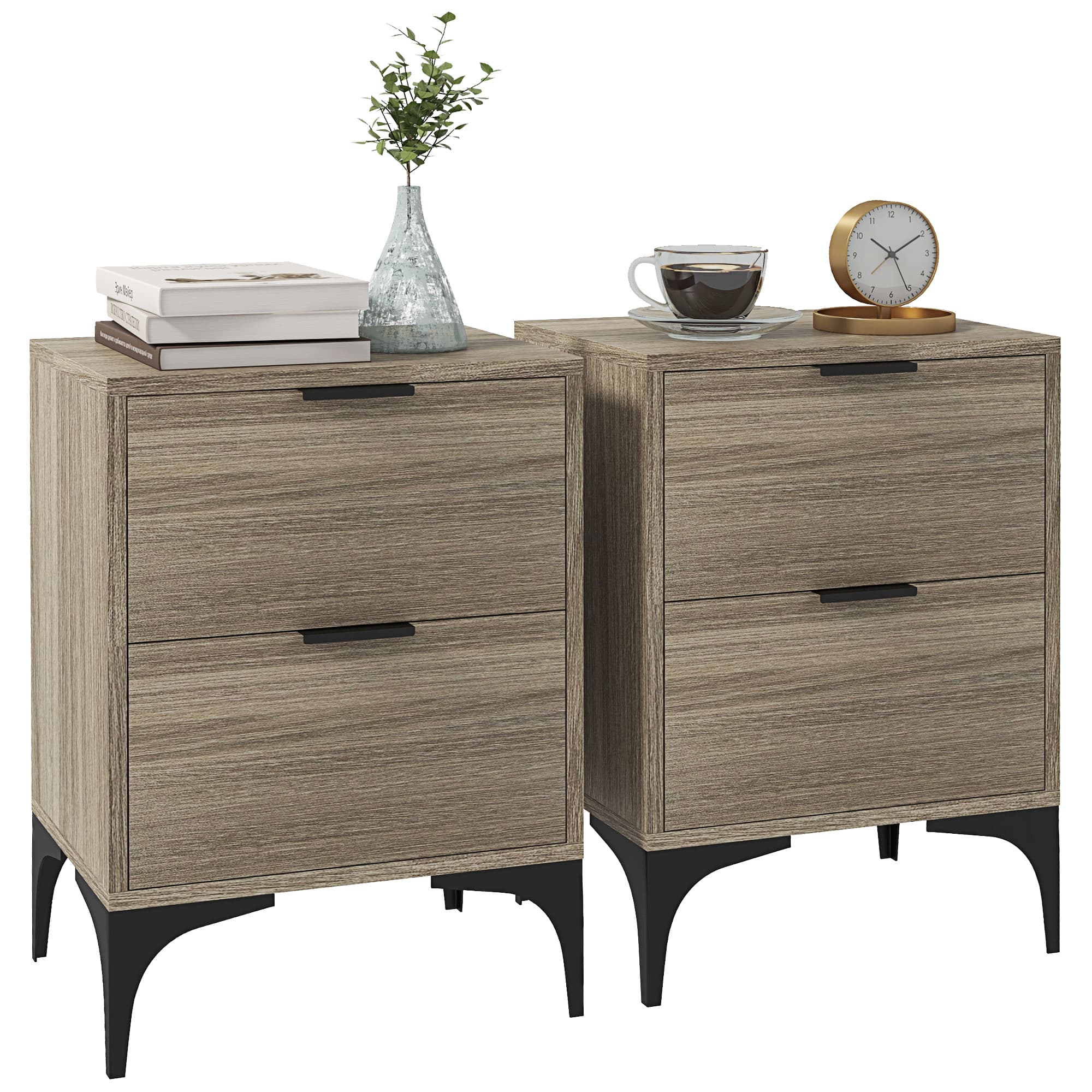 Pair of Matching Bedside Tables in Wood Effect With Steel Legs - Grey