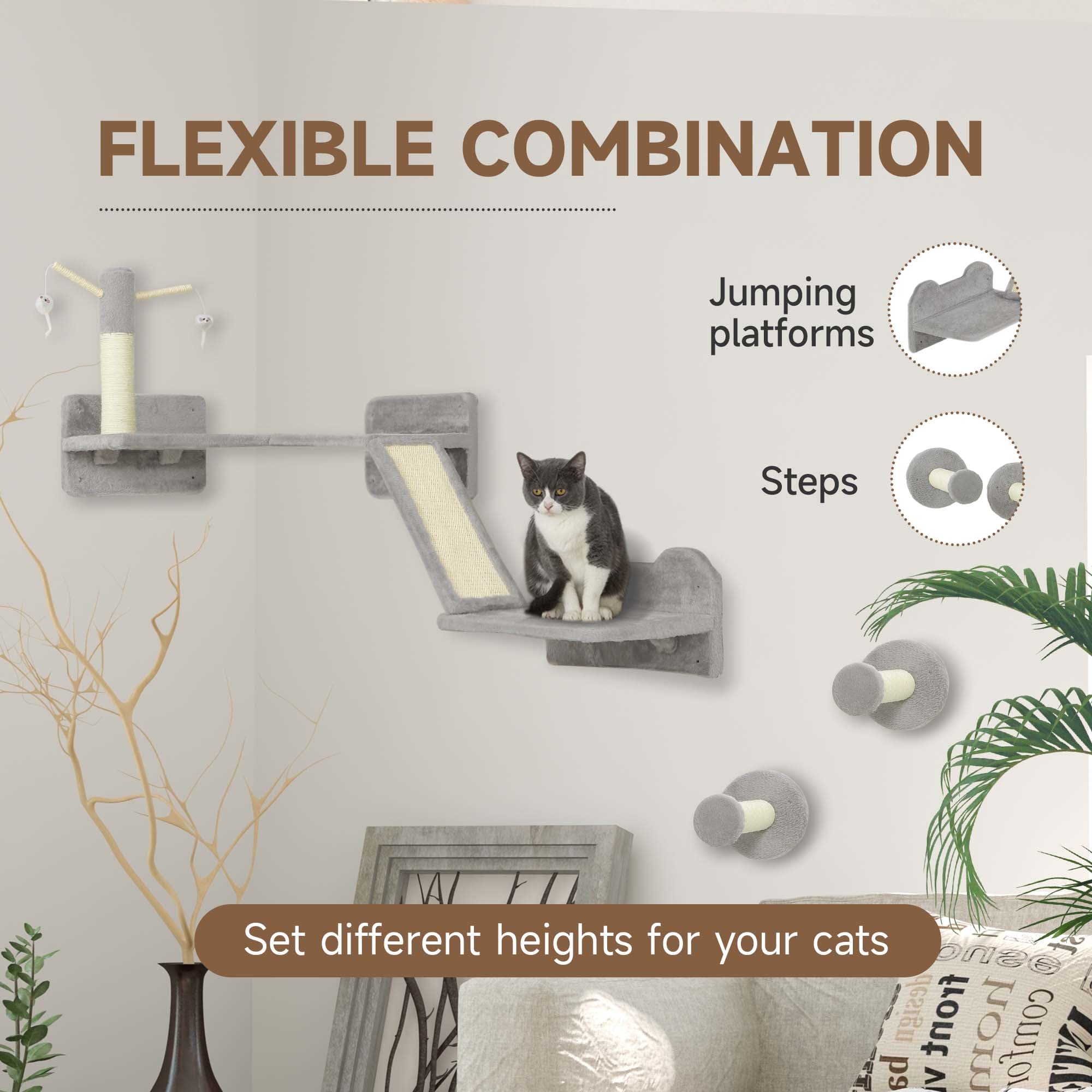 3-Piece Wall Cat Furniture with Climbing Ramp and Scratching Post - image 6