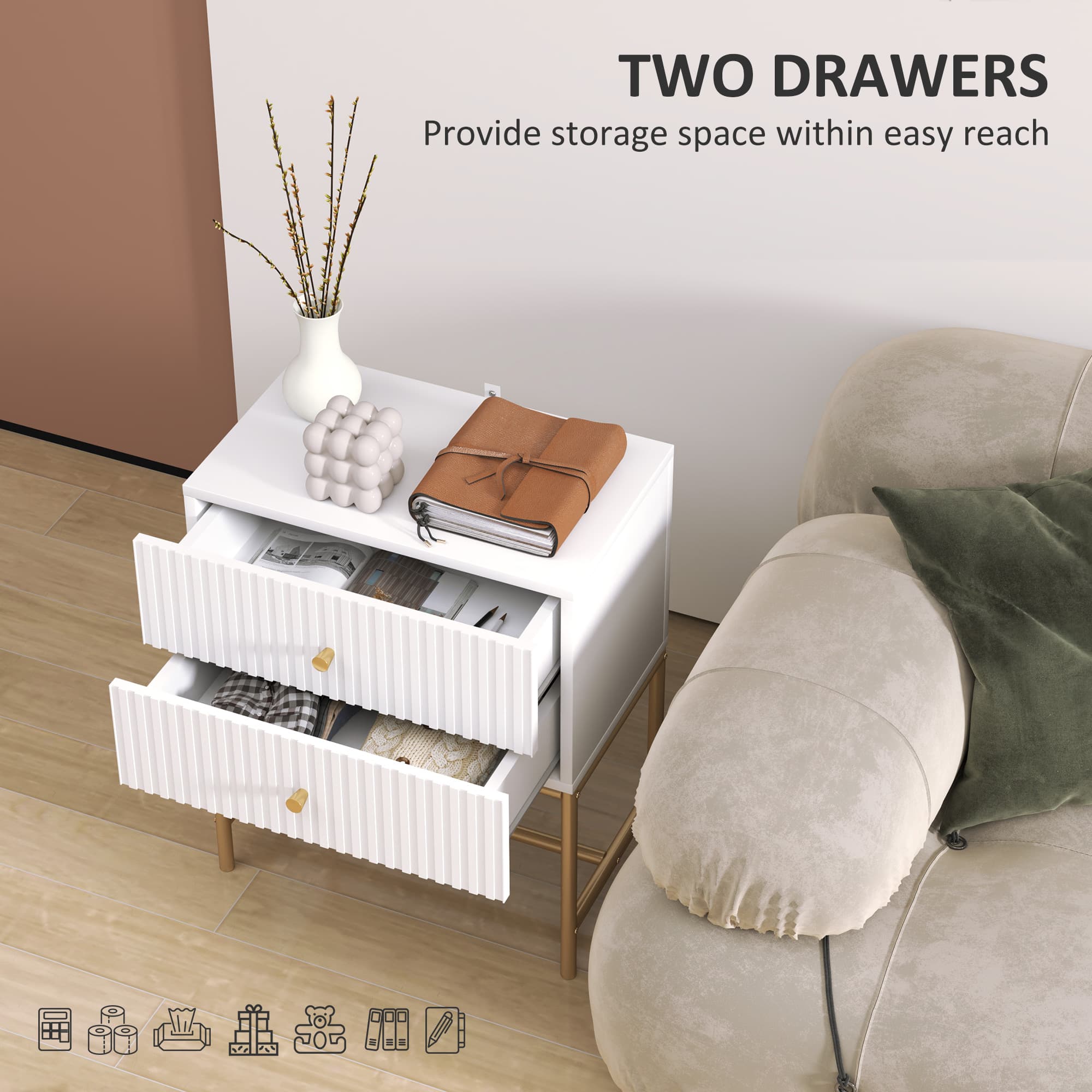 White Bedside Table – Fluted Drawers and Brass-Tone Frame - image 1