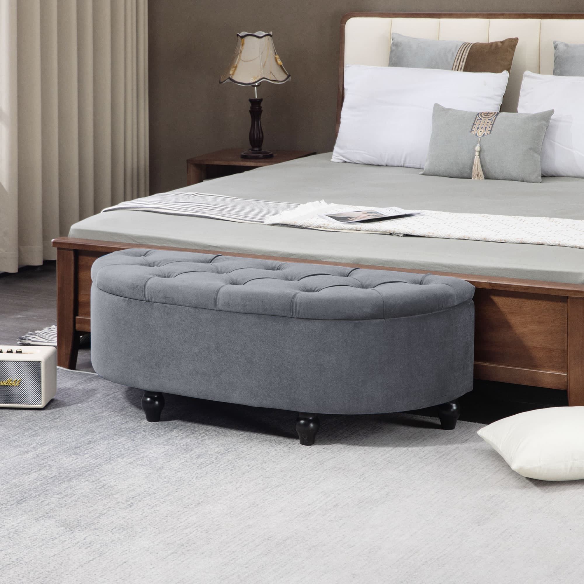 Half-Circle Storage Ottoman in Grey Velvet-Feel Fabric With Tufted Lid - image 2