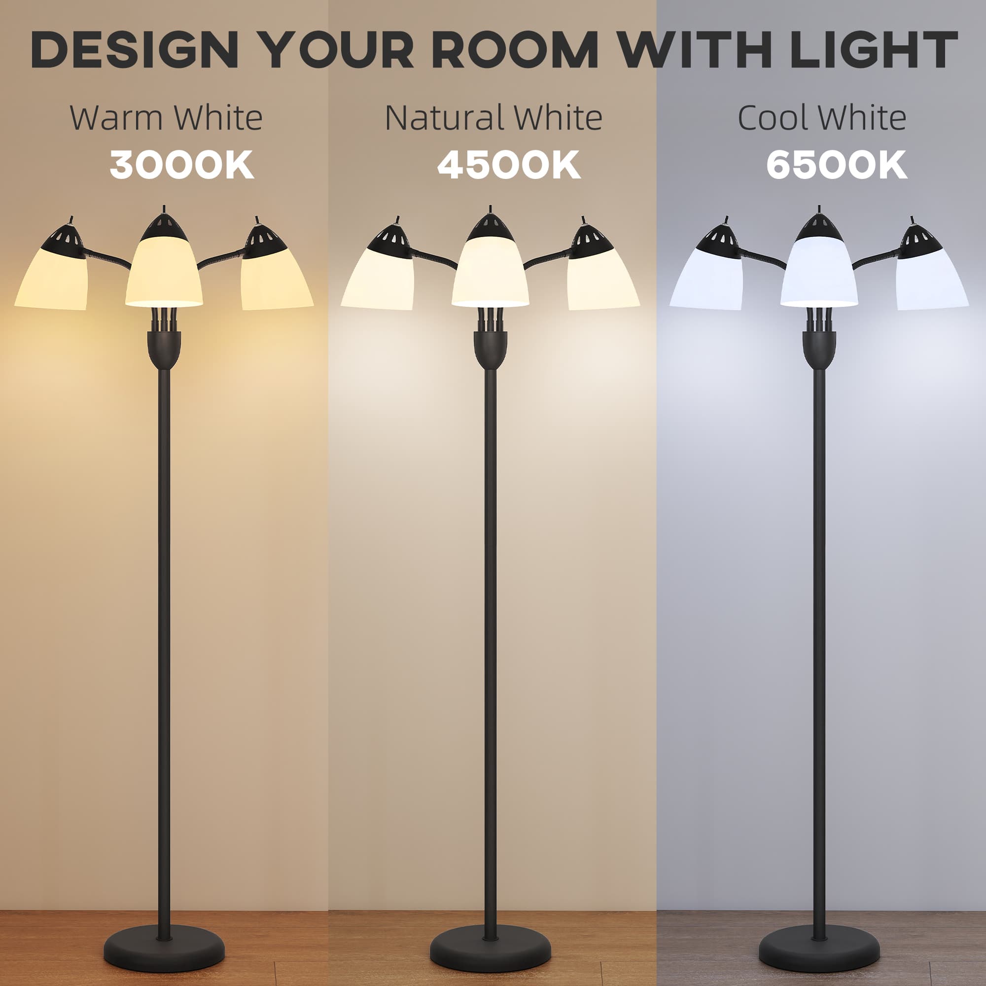 Black Tree Floor Lamp with Three Adjustable White Shades - image 5