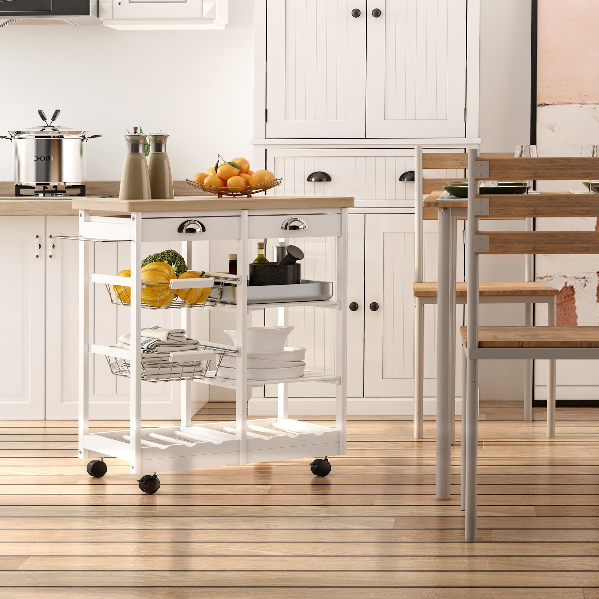 Rolling Kitchen Trolley with Wine Rack and Solid Wood Worktop - image 2